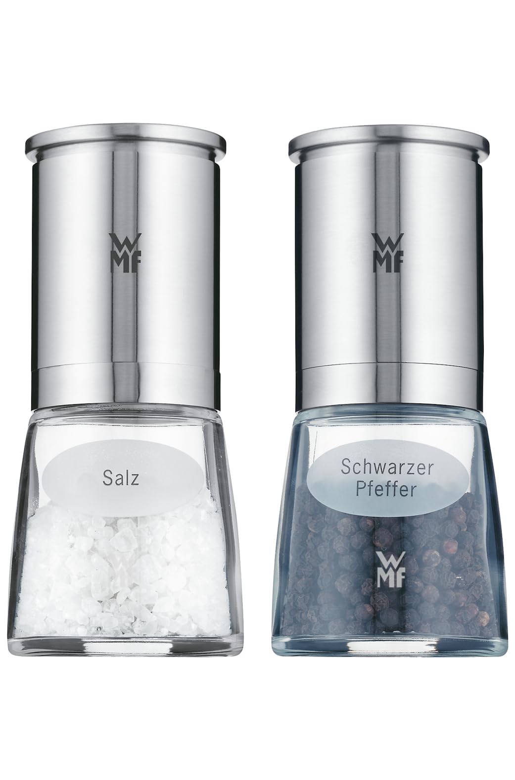 ست آسیاب نمک و فلفل وی ام اف آلمان WMF De Luxe، 2 تکه، پر شده، استیل ضد زنگ Cromargan، شیشه، آسیاب، تنظیم آسیاب بدون وقفه، مکانیزم آسیاب سرامیکی، آسیاب نمک، فلفل، ادویه جات