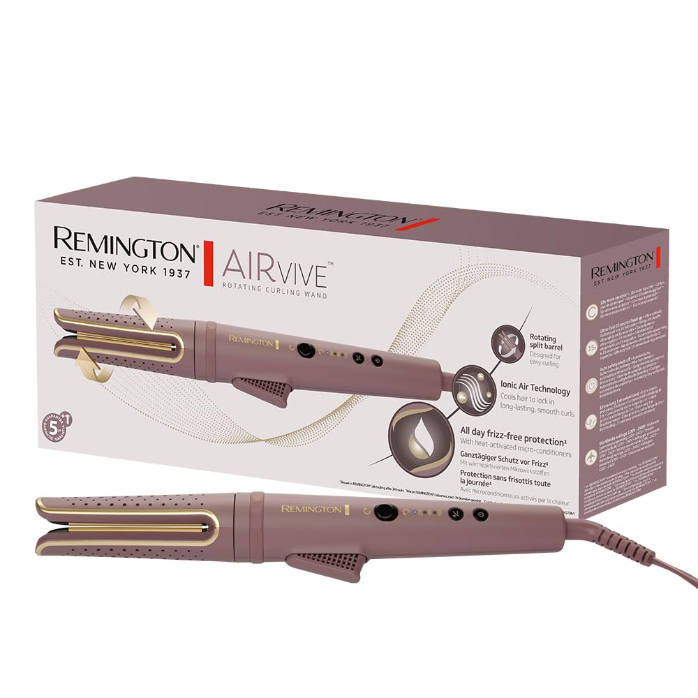 فرکننده موی رمینگتون AIRvive™ [چرخشی] با فناوری Ionic Air برای فرهای ماندگار (صفحات حالت دهنده فوق سرامیکی با میکرو نرم کننده های ضد وز، صفحه نمایش LED با دمای 160-210 درجه سانتیگراد برای انواع مو) CI8930