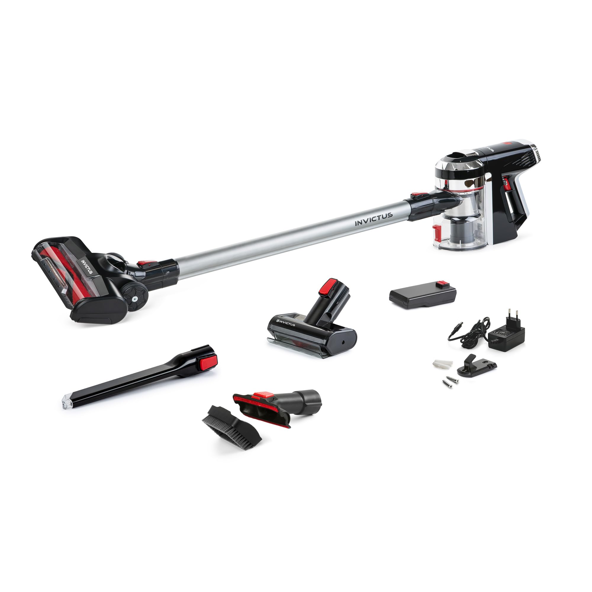 جارو شارژی 14 تکه Genius Invictus X9 - جارو شارژی با مینی برس برقی، موتور BLDC با کارایی بالا، ایستگاه شارژ | بدون کیسه بی سیم HEPA 25.2V 380W مستقل، A28142، مشکی