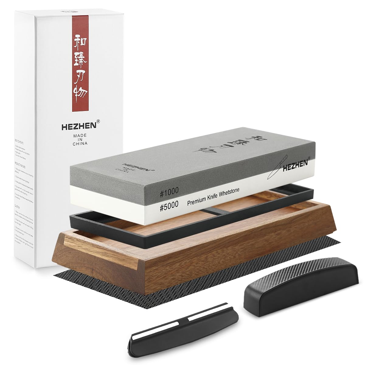 سنگ تیزکن دو طرفه HEZHEN، سنگ تیزکن بزرگ کوراندوم سفید، چاقو تیزکن حرفه ای، گریت 1000/5000 با پایه چوب اقاقیای ضد لغزش، سنگ صاف کننده، راهنمای زاویه #1000/5000