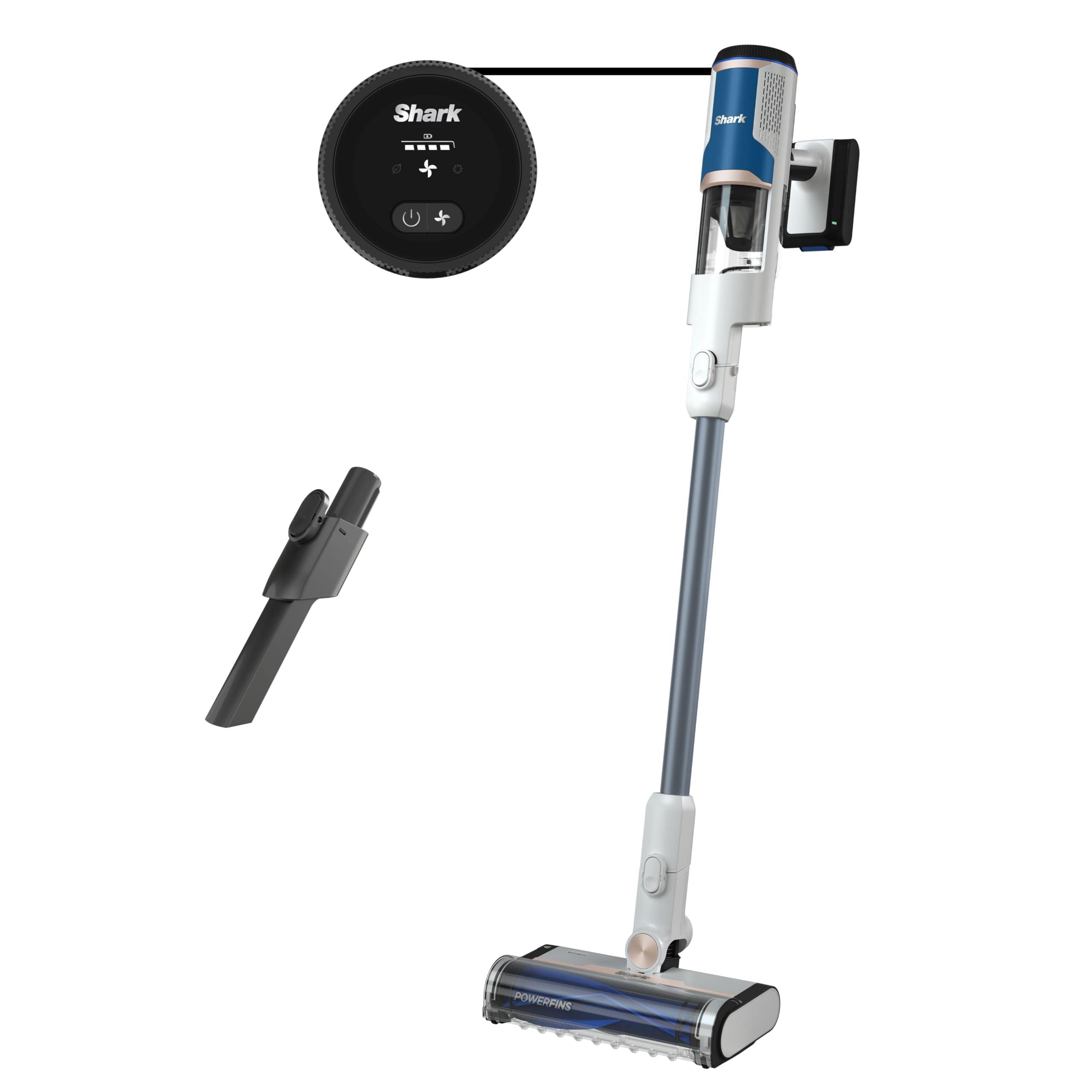 جارو شارژی شارک آمریکا با باتری شارژی با FloorDetect، Anti-Hair-Wrap & PowerFins، مدت زمان کارکرد 40 دقیقه، صفحه نمایش LED، جارو شارژی و حالت جاروبرقی دستی با نازل شکاف، سفید/آبی آبی BU1120EU