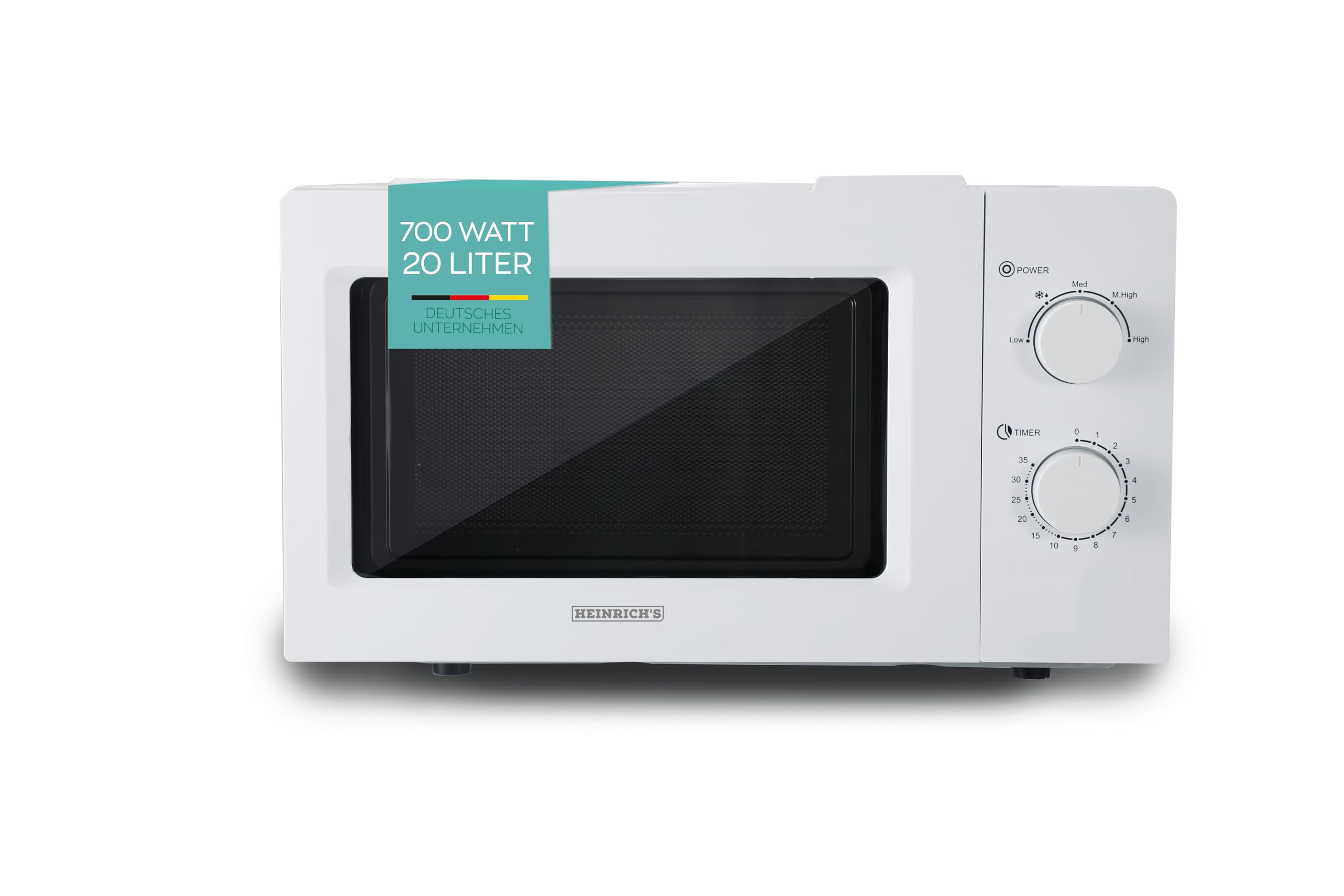 مایکروویو هاینریش، مایکروویو جمع و جور، ظرفیت 20 لیتر، 5 سطح قدرت، شامل تایمر 35 دقیقه‌ای، قابلیت یخ‌زدایی، چراغ داخلی، صفحه گردان 360 درجه، دو دکمه چرخشی، سفید، قدرت 700 وات، هاینریش