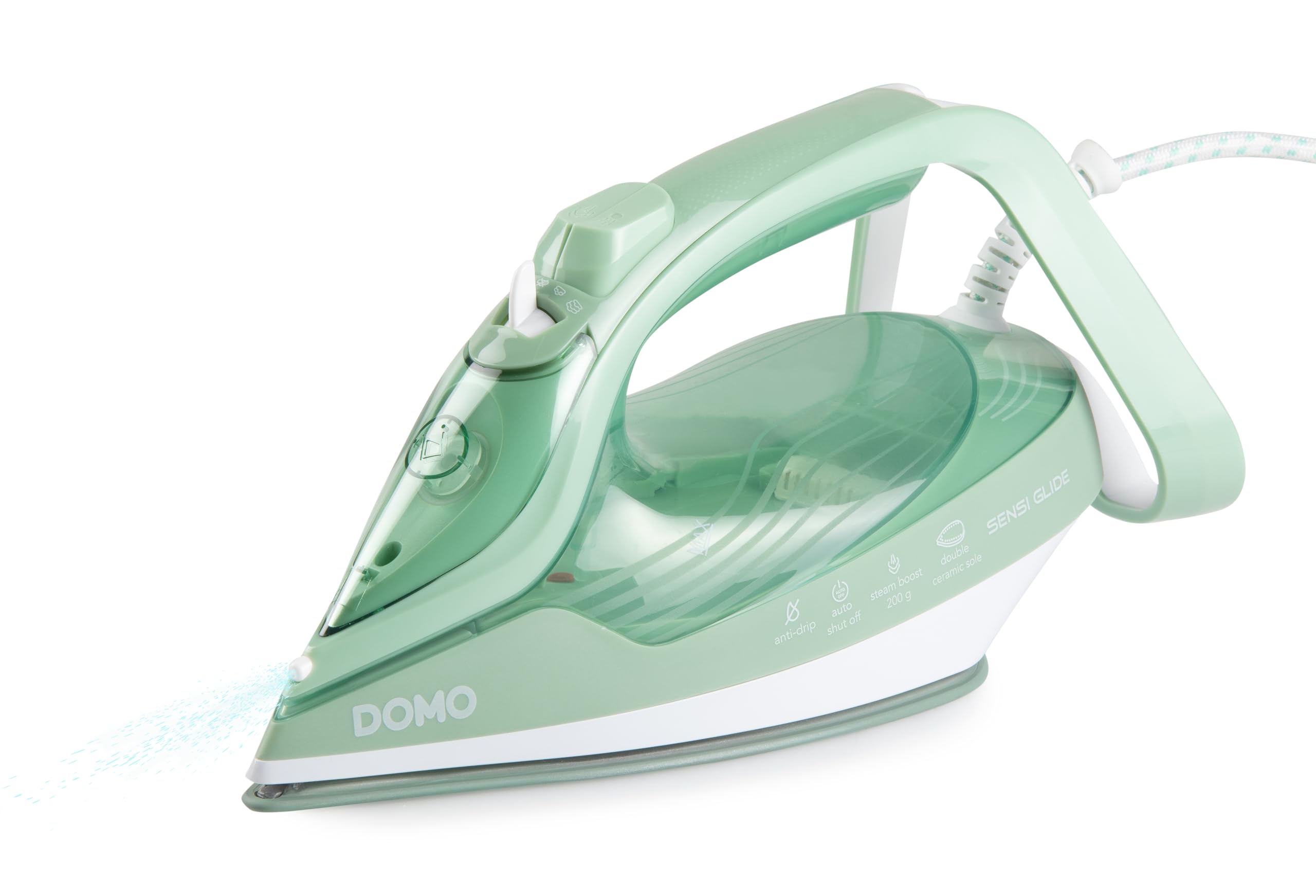 اتو بخار DOMO DO7059S Sensi Glide - کنترل خودکار دما - کف سرامیکی دوبل - 50 گرم در دقیقه بخار مداوم - عملکرد تقویت بخار - 400 میلی لیتر - 2830 وات - آبی/سبز