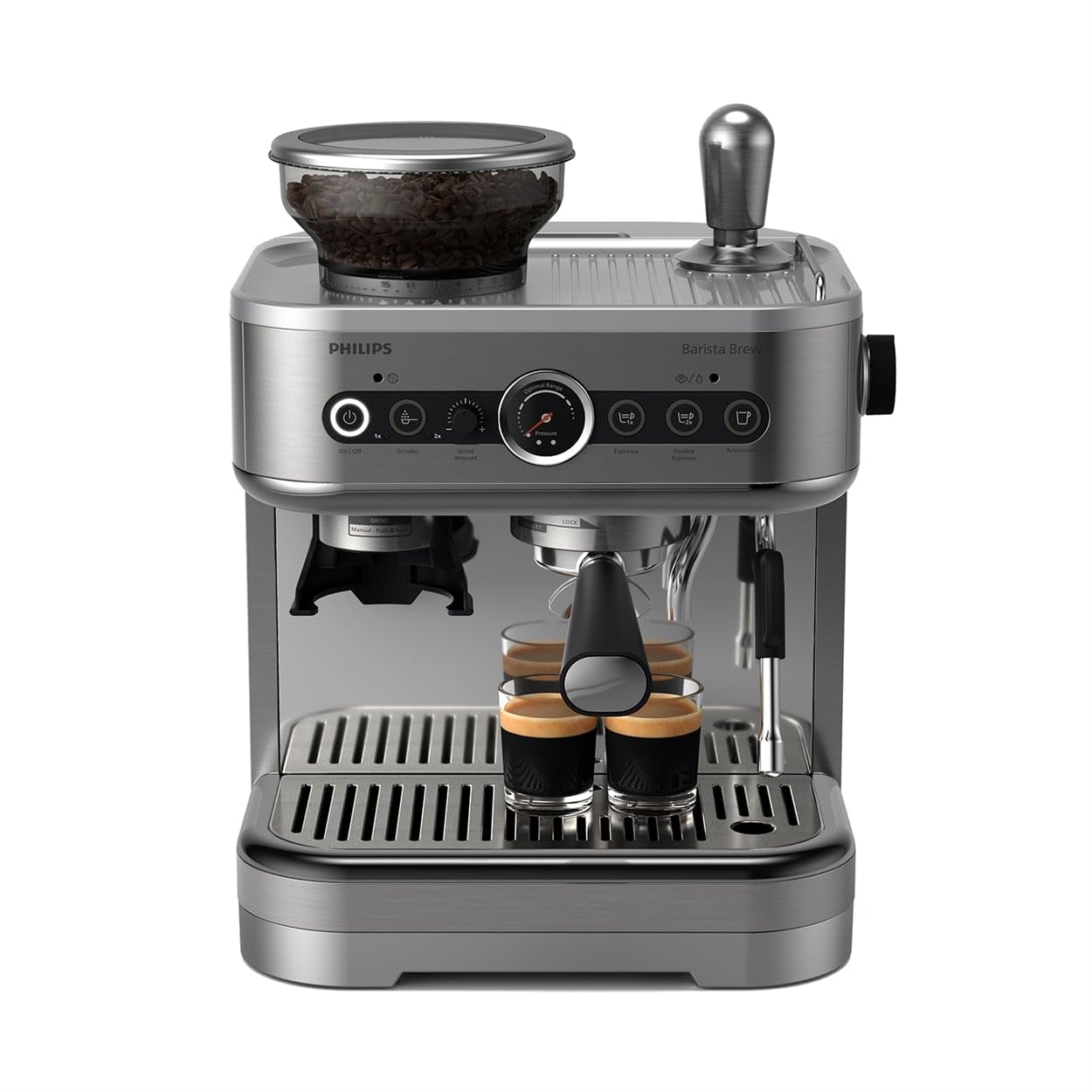اسپرسو ساز نیمه اتوماتیک فیلیپس Philips Barista Brew - اسپرسو تک و دوتایی + دکمه آمریکاییو، ظرف 250 گرمی لوبیا، راهنمای بصری، کوبیدن مدرج، نقره فلزی (PSA3218/01)