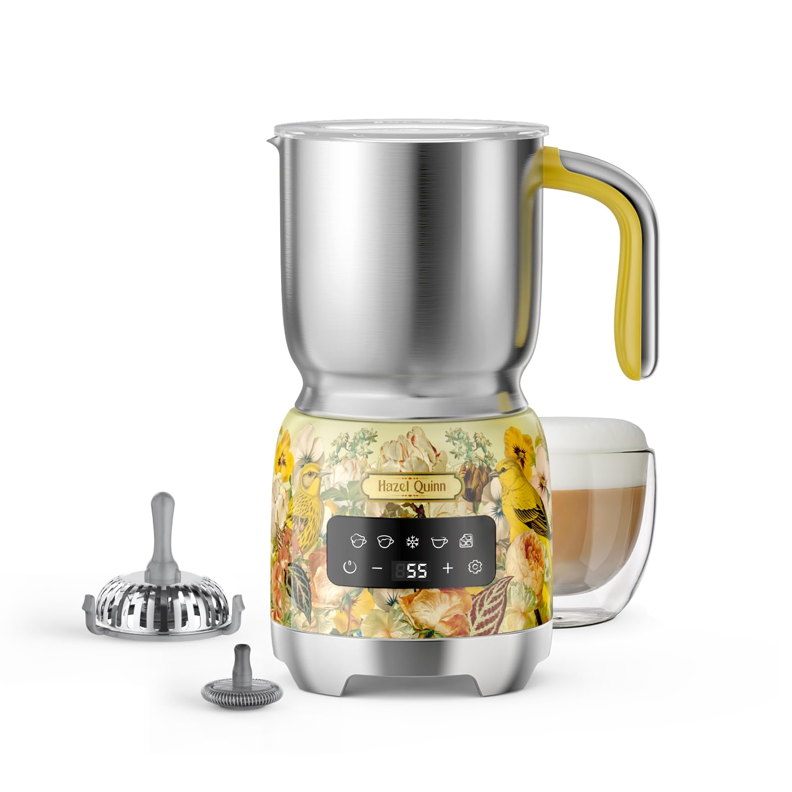کف شیر ساز Hazel Quinn، بخارپز و بخارپز سرد و گرم، عملکرد 5 در 1، دما و ضخامت قابل تنظیم، کنترل لمسی LED، قابل شستشو در ماشین ظرفشویی، زرد