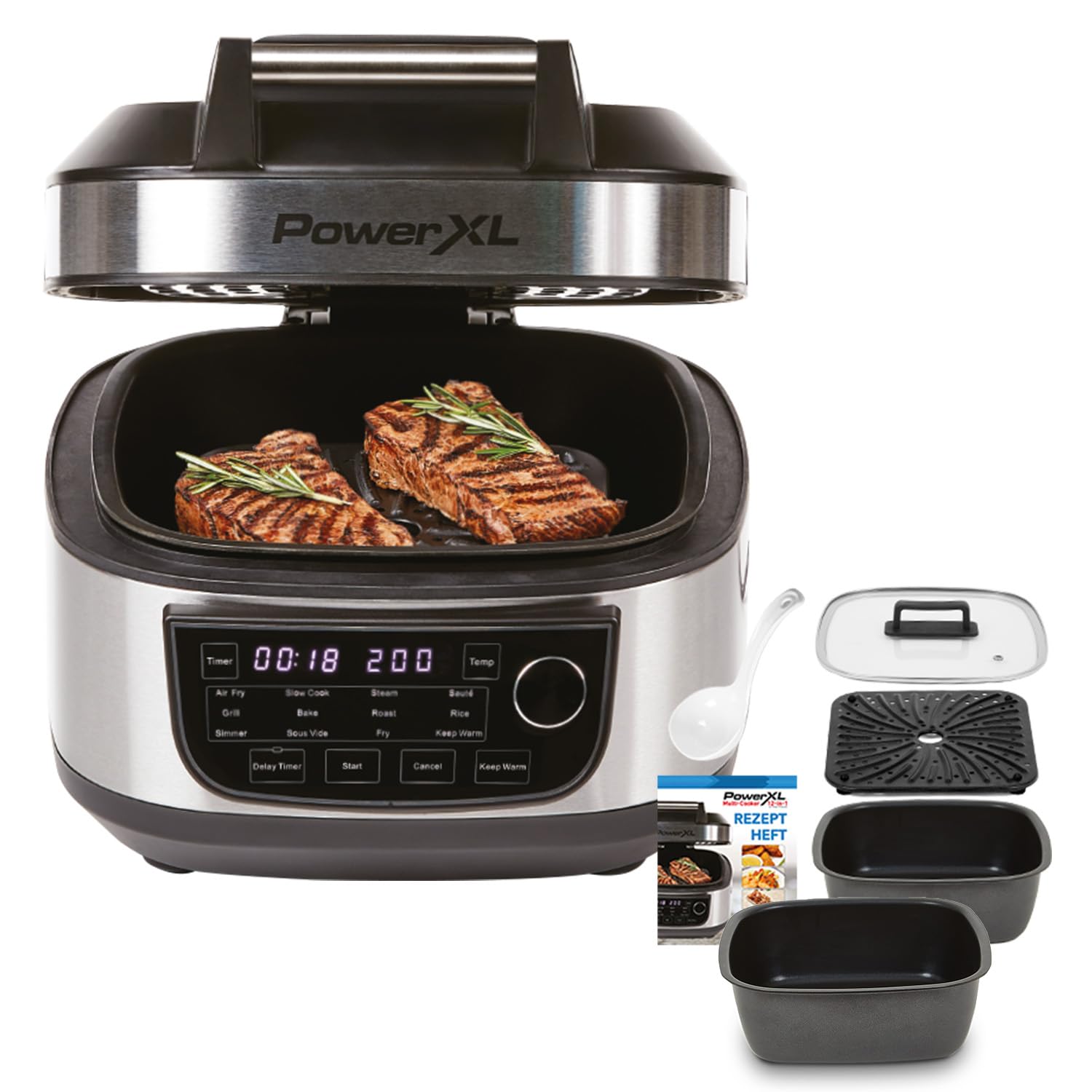 مجموعه قابلمه داخلی PowerXL MultiCooker - مولتی کوکر با عملکرد گرم نگه داشتن - سرخ کن هوای گرم، فر، ماهیتابه و موارد دیگر - 5.7 لیتر - 12 برنامه پخت - سرخ کن بدون روغن - 80٪ چربی کمتر M35556