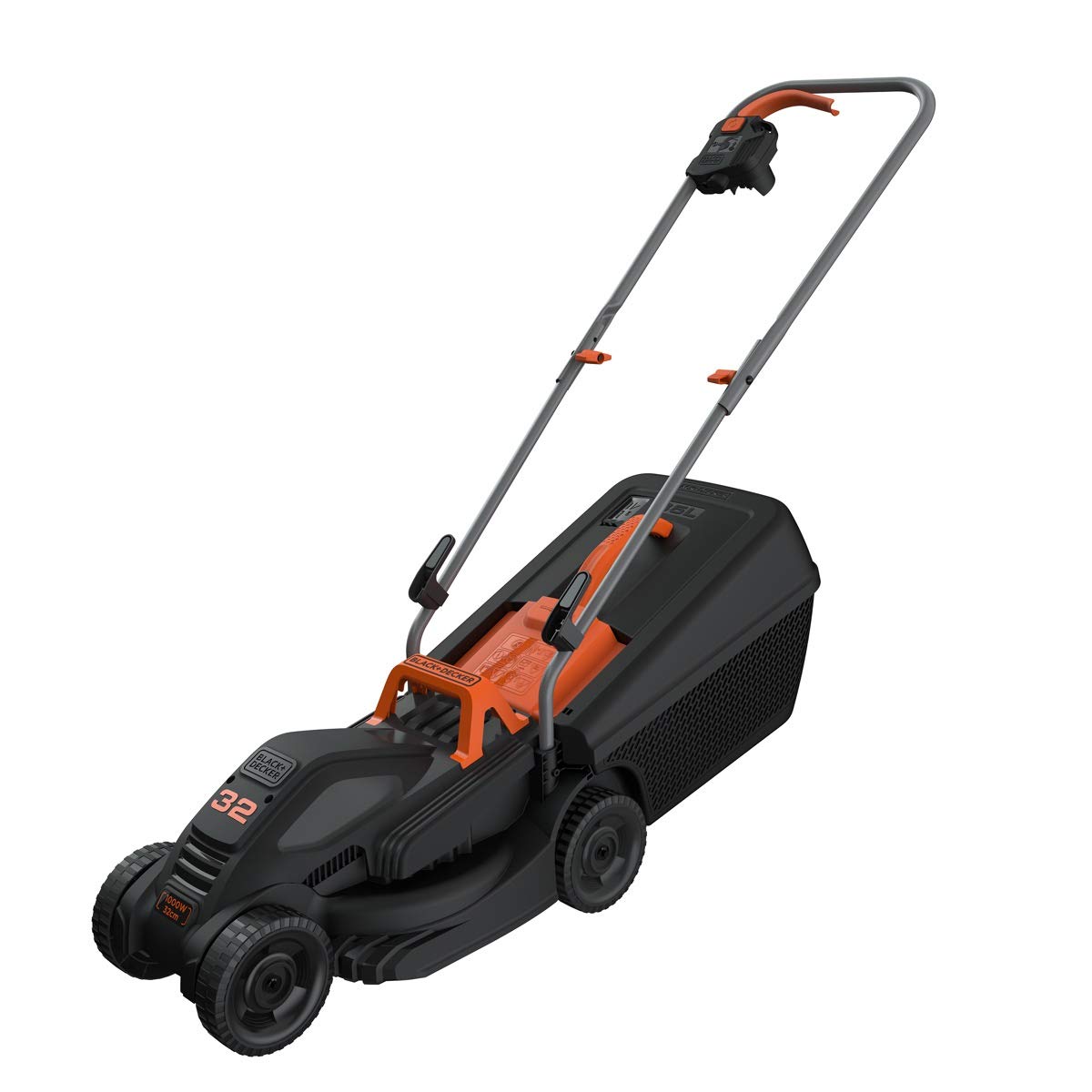 چمن زنی برقی Black+Decker (1000 وات، عرض برش 32 سانتی متر، تنظیم ارتفاع برش محوری 3 جهته، چمن گیر 35 لیتری، ایده آل برای باغ های کوچک) BEMW351 Multicolor