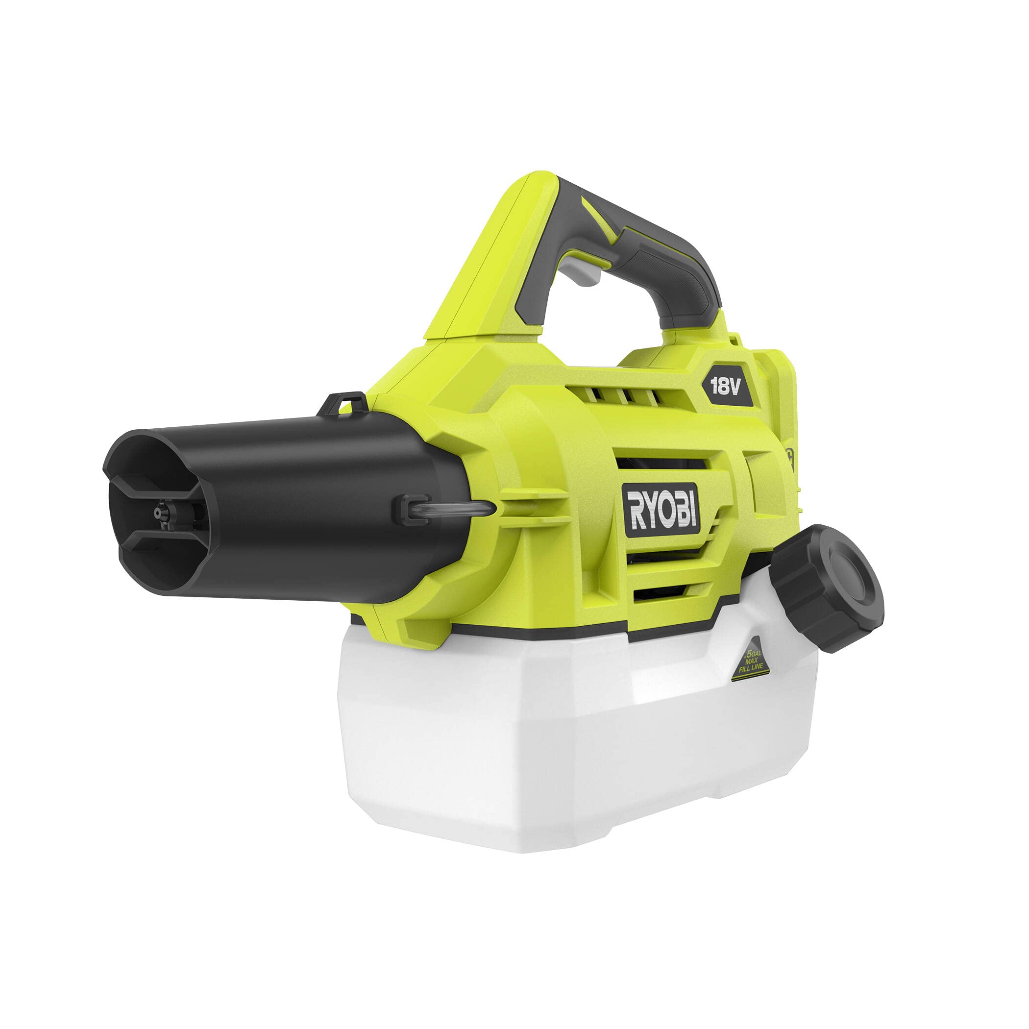 مه پاش شارژی RYOBI 18 V ONE+ RY18FGA-0 (محدوده 4.5 متر، سرعت جریان 7.2 لیتر در ساعت، پوشش منطقه در هر دقیقه 93 متر مربع، اندازه ذرات متوسط 40 میکرومتر، بدون باتری و شارژر در جعبه)