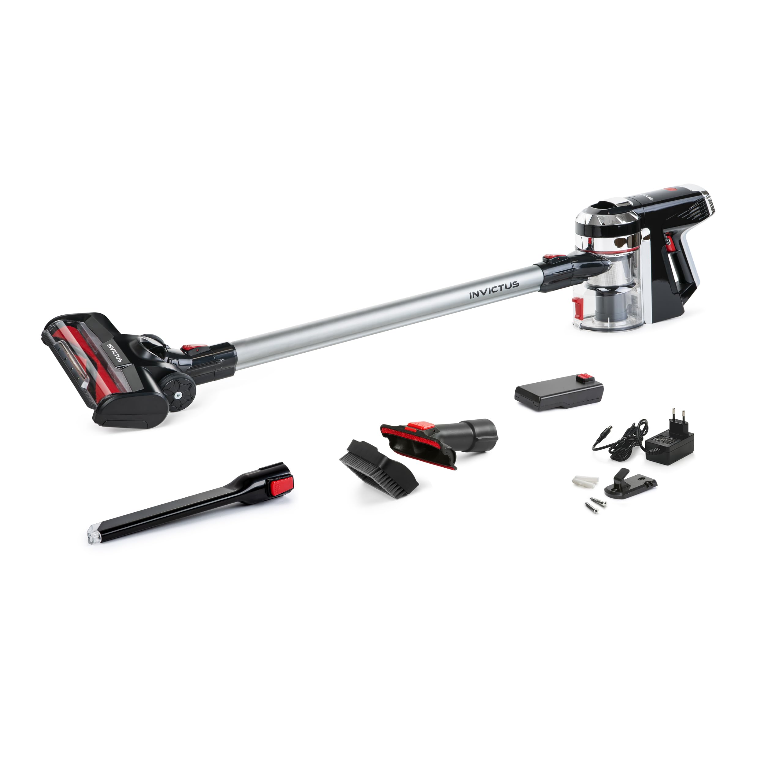 جارو شارژی 13 تکه 2 در 1 Genius Invictus X9 با ایستگاه شارژ، برس برقی LED، پایه دیواری، 380 وات، ایستاده | جاروبرقی دستی با باتری، بی سیم، بدون کیسه، HEPA - تا 35 دقیقه، مشکی