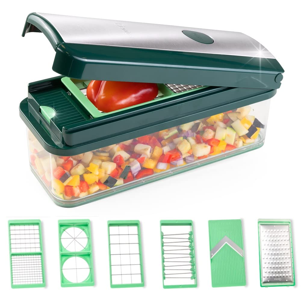 کاتر سبزیجات انحصاری Genius Nicer Dicer 15 تکه دایسر + ست گوجه فرنگی 4 قسمتی + رنده و برش درشت + ظرف جمع آوری 2500 میلی لیتر سبز