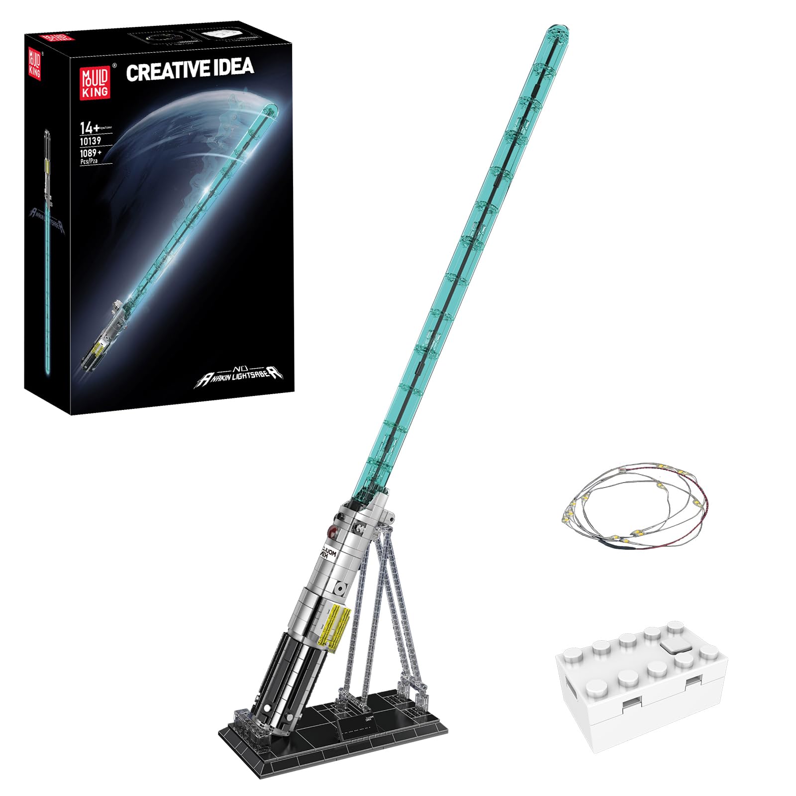 کیت بلوک های ساختمانی شمشیر نوری تکنیکی Mold King 10139 با نور و پایه، 1089+ قطعه اسباب بازی خلاقانه Cosplay، ست ساختمان شمشیر لیزری هالووین