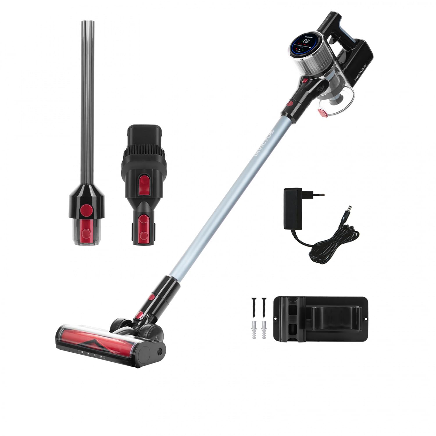 جارو شارژی Genius Invictus X9 Facelift 12 تکه، جاروبرقی باتری تا 55 دقیقه برای فرش، موی حیوانات خانگی، اتومبیل، کف سخت، فیلتر HEPA، LED، پایه دیواری، سر چرخش 180 درجه، صفحه لمسی