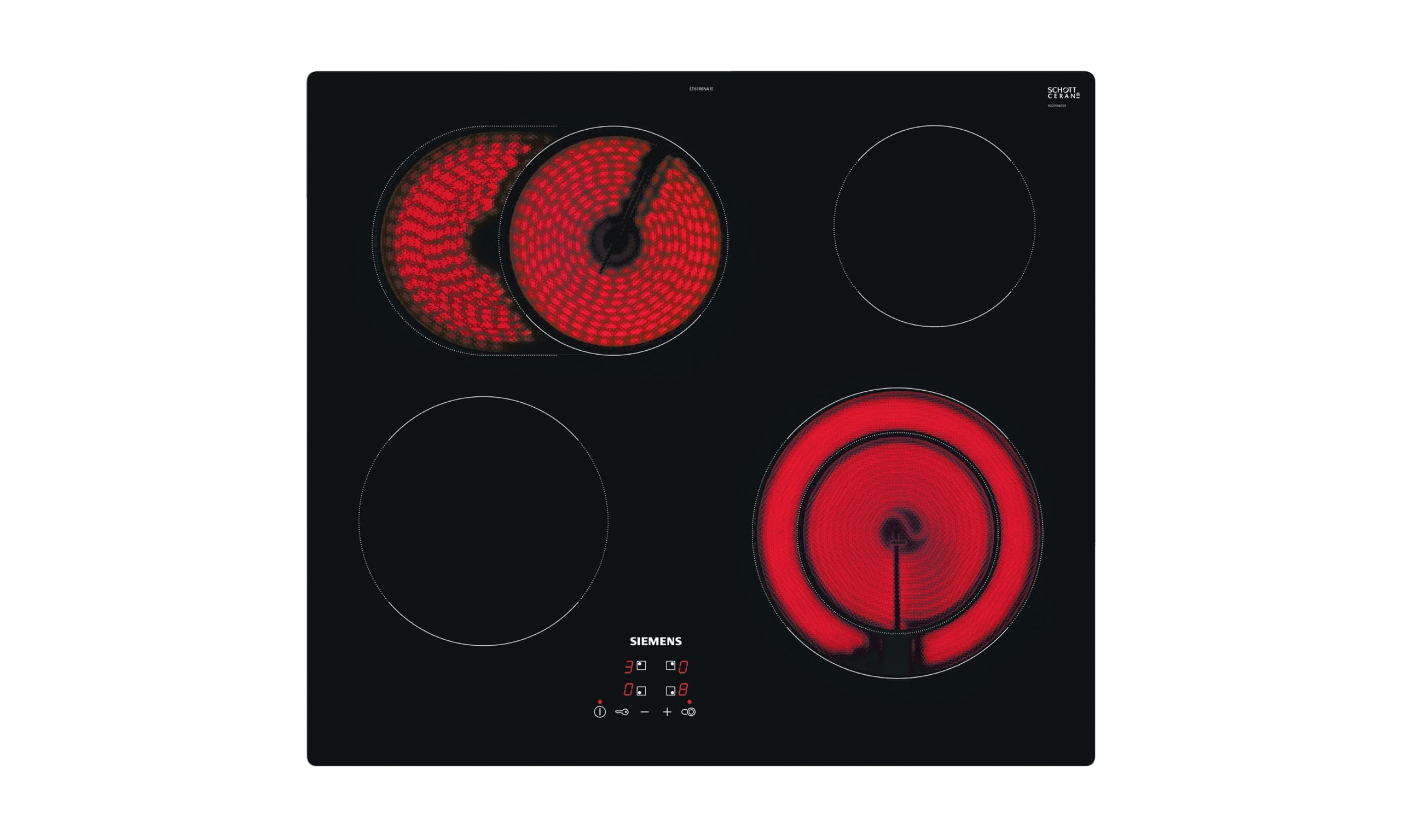 زیمنس ET61RBNA1E، iQ300، اجاق گاز برقی 60 سانتی‌متری، مستقل، بدون قاب، ساخت آلمان، کنترل لمسی، منطقه پخت قابل تعویض، منطقه پخت دو مداره 21 سانتی‌متری، خاموش کننده ایمنی، مشکی، بدون قاب، برقی 60 سانتی‌متری