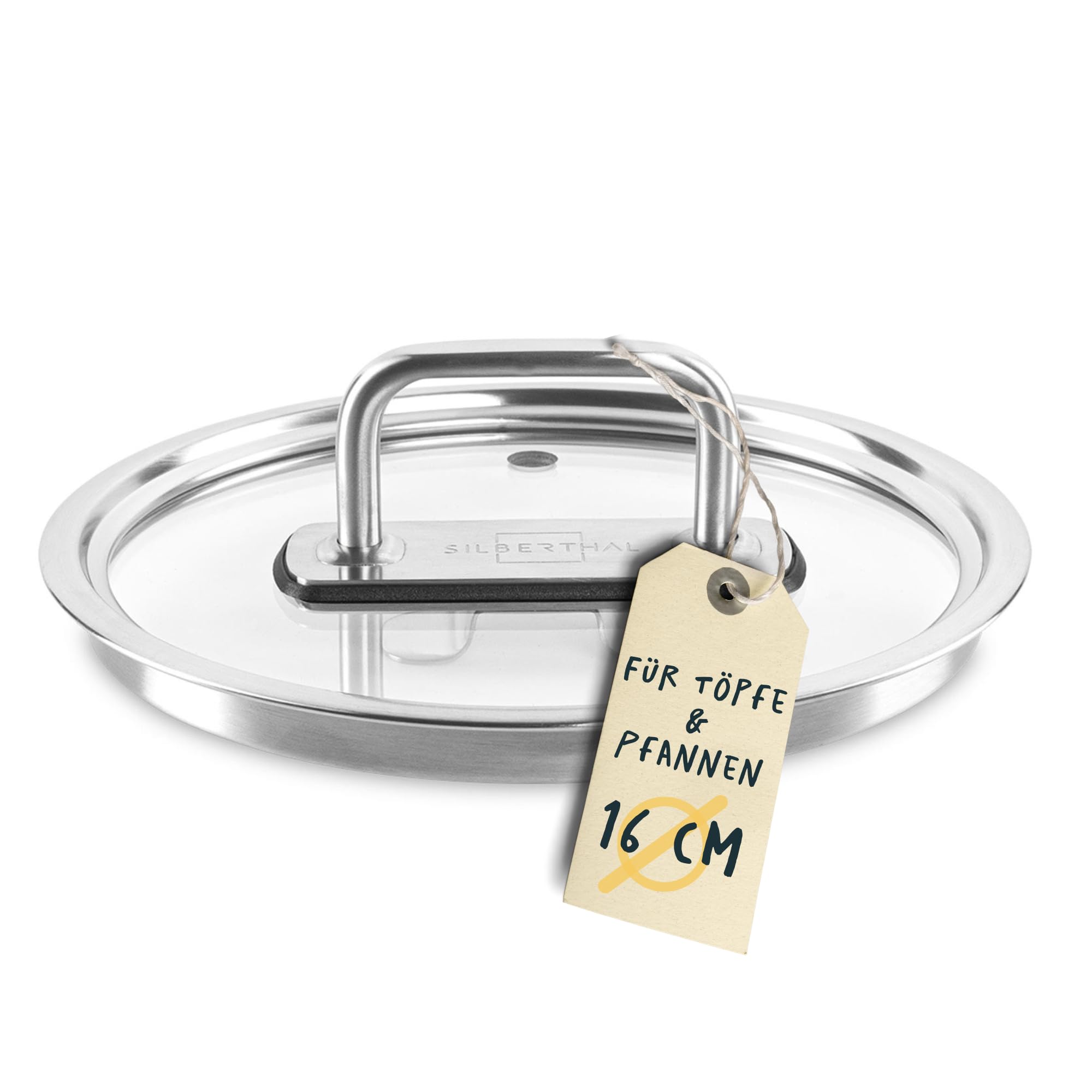 درب قابلمه شیشه‌ای سیلبرتال آلمان 16 سانتی‌متر با سوراخ بخار و دسته استیل ضد زنگ - درب جهانی 16 سانتی‌متر