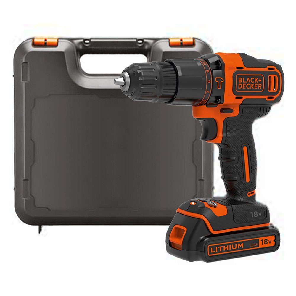دریل چکشی شارژی BLACK+DECKER 18 ولت، باتری 1.5 Ah، شارژر 400 میلی آمپر، محفظه، BDCHD18K-QW