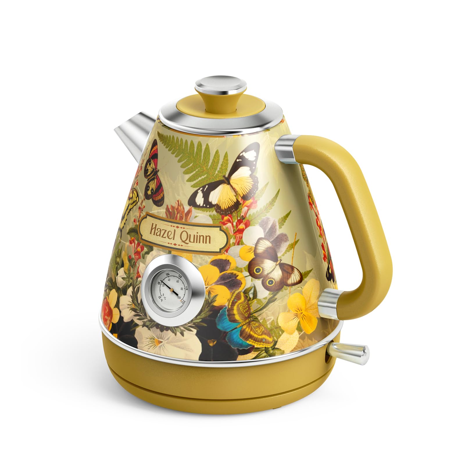 کتری برقی Hazel Quinn Retro Vintage فولاد ضد زنگ، بدون BPA، خاموش شدن خودکار، نمایشگر دمای کتری، کنترلر Strix، محافظ در برابر جوش، 2200 W، چاپ گل