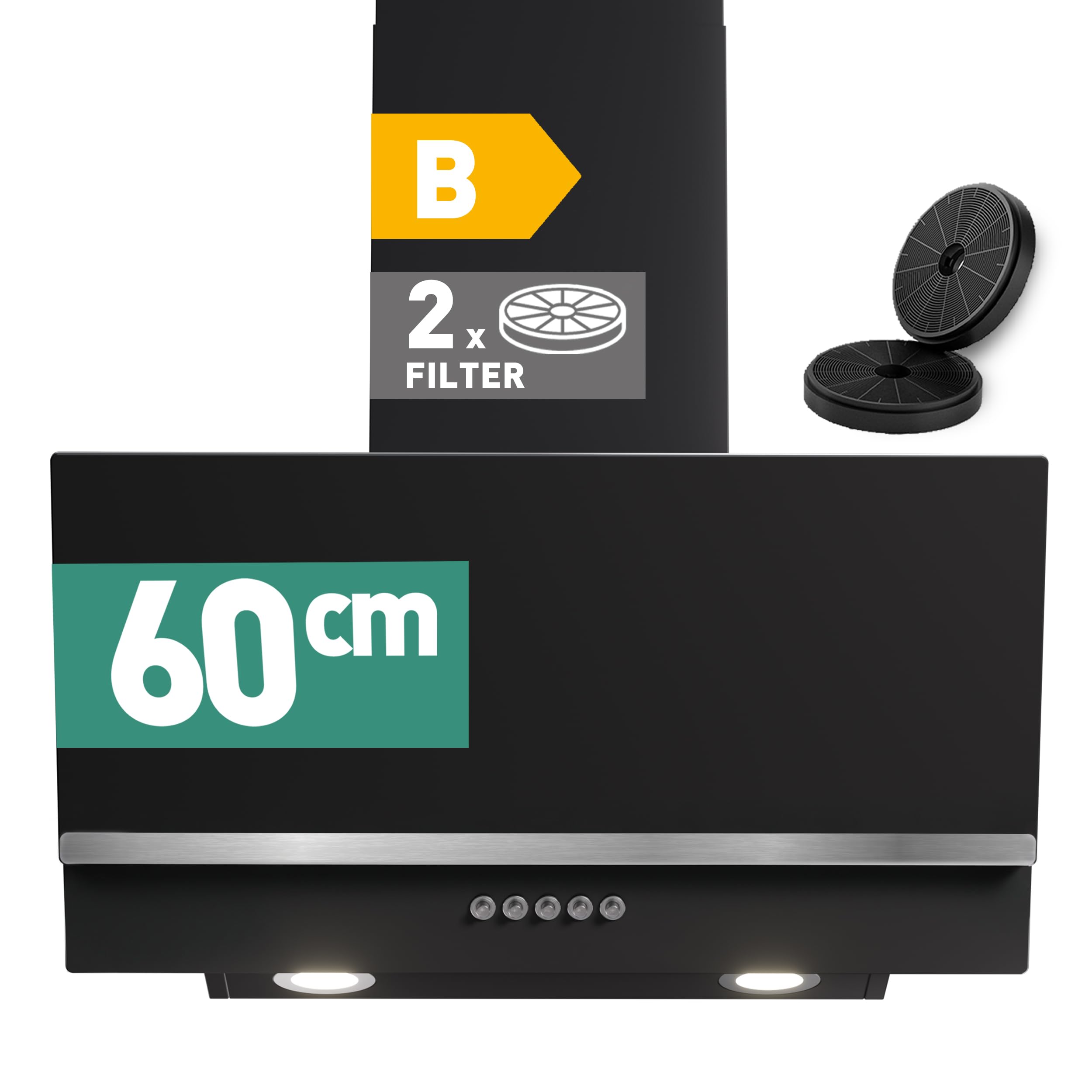 هود استخراج HEINRICHS، هود تخلیه/گردش هوای ۶۰ سانتی‌متری، قدرت مکش ۳۰۰ متر مکعب در ساعت، کم‌جا، با روشنایی LED، ۳ حالت تنظیم سرعت، شامل فیلتر کربن فعال، توان ۶۹ وات، مشکی/استیل ضد زنگ