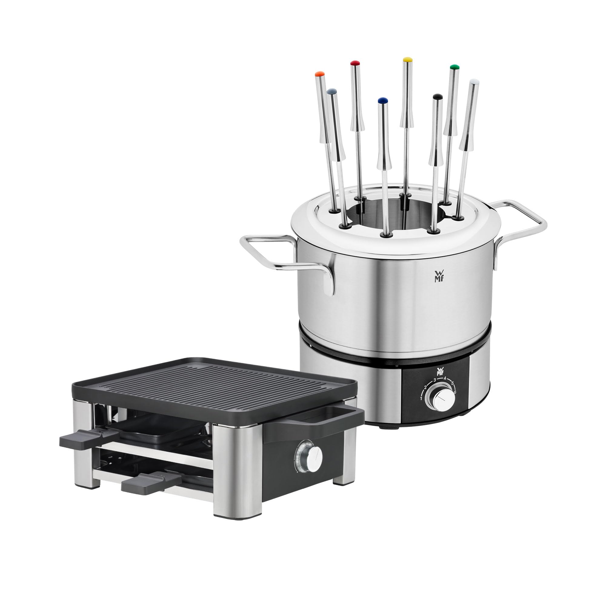 سرویس گریل راکلت دو تکه WMF با ماهیتابه و کفگیر، برای ۴ نفر، ۸۷۰ وات، استیل ضد زنگ و سرویس فوندوی لونو برای ۸ نفر، فوندوی برقی، ۱۴۰۰ وات، کنترل دما، جای چنگال
