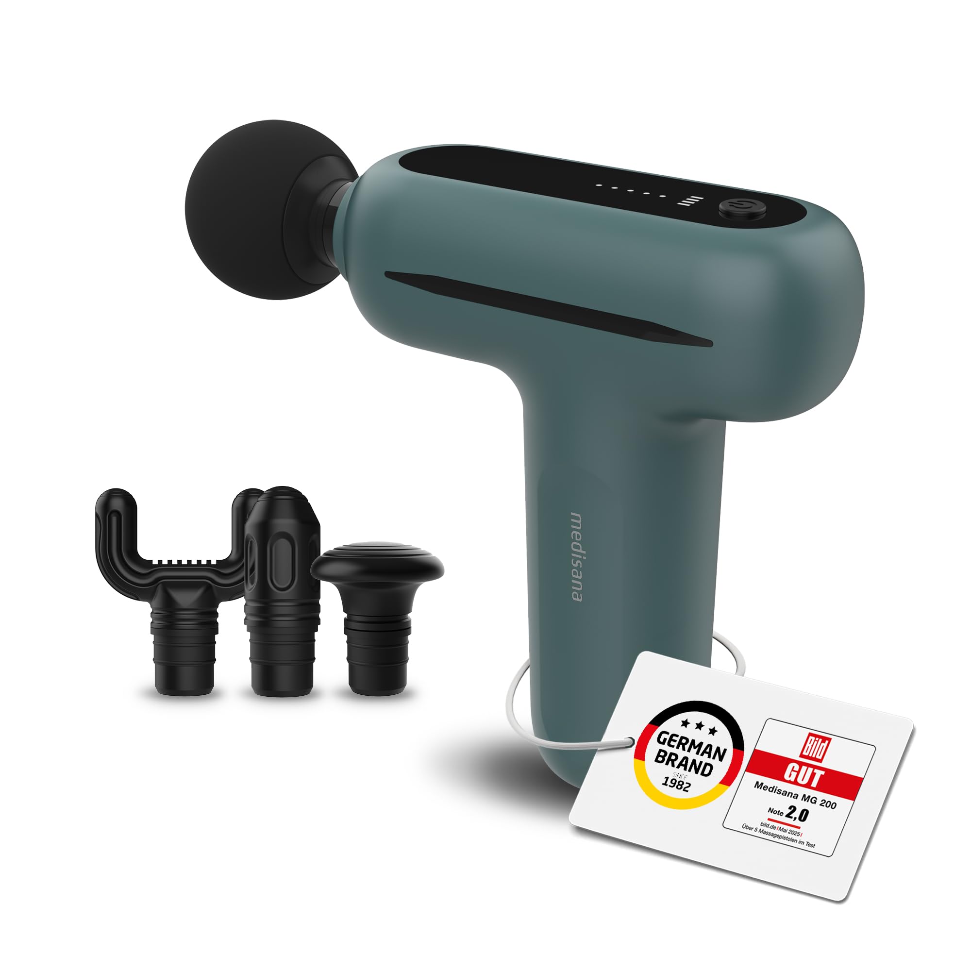 تفنگ ماساژ کوچک مدیسانا MG 200، تفنگ ماساژ با 4 ضمیمه، ماساژور با حالت هوشمند و 5 سطح شدت برای آرامش و ماساژ، عمر باتری طولانی، با جعبه نگهداری