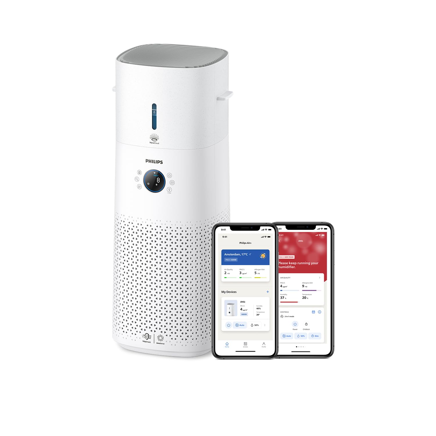 دستگاه تصفیه‌ هوا و مرطوب‌کننده هوا ۲ در ۱ سری فیلیپس، ۱۳۱ متر مربع، نانومحافظت‌کننده HEPA و فیلتر کربن فعال ۹۹.۹۷ درصد از ذرات نامرئی، سفید (AC3737/10) را حذف می‌کند.