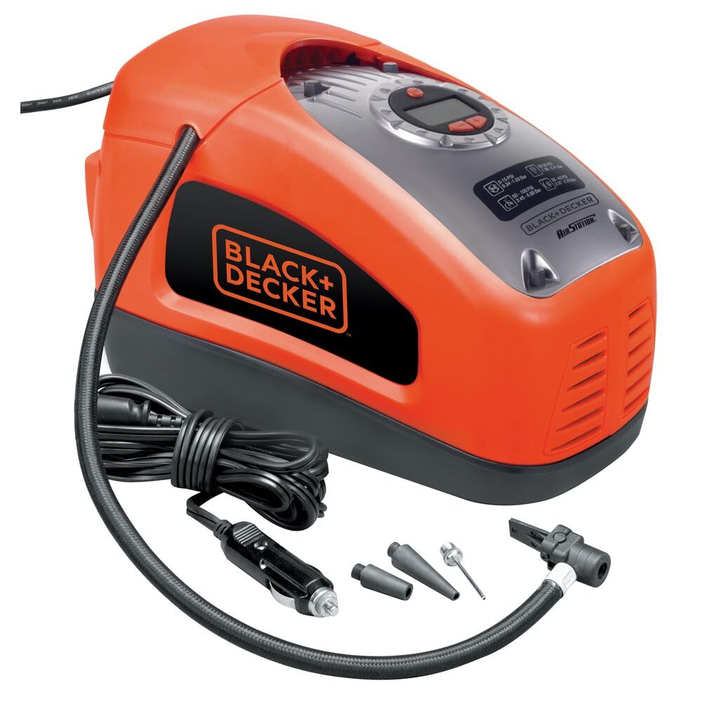 باتری کمپرسور Whisper هوا BLACK+DECKER (11 بار 160PSI، پمپ هوا، تنظیم فشار دیجیتال، محفظه کابل، مقیاس روشن، شامل 3 اتصال سوپاپ، حلقه تنظیم میله)