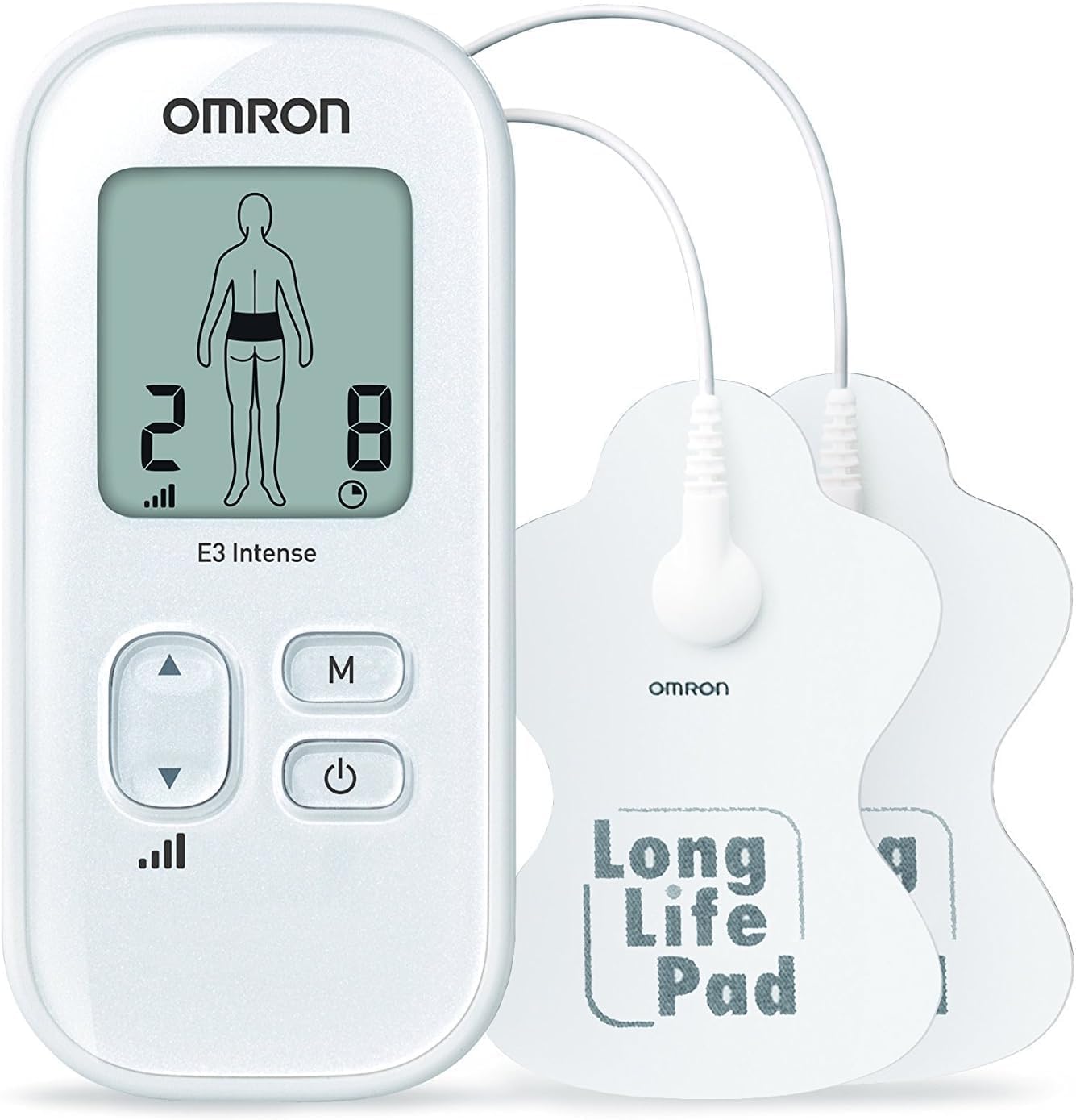 دستگاه Omron E3 Intense TENS – درمان درد قابل تنظیم با 6 برنامه، 3 برنامه ماساژ، 15 سطح شدت و پدهای بادوام، قابل استفاده مجدد و قابل شستشو (سفید)
