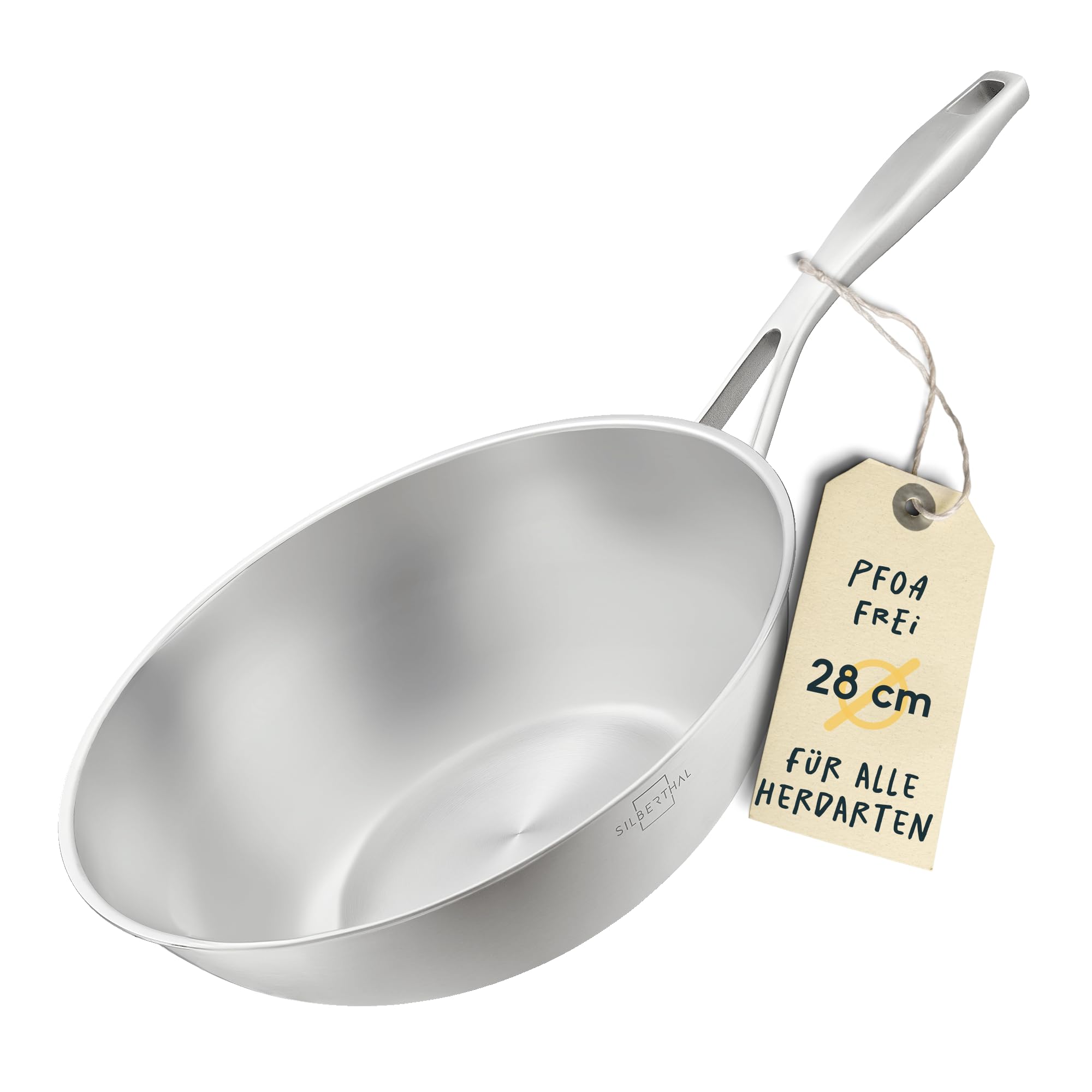 ماهیتابه وک سیلبرتال آلمان بدون روکش القایی ۲۸ سانتی‌متر - وک استیل ضد زنگ برای سرخ کردن عمیق و سرخ کردن - مناسب برای انواع اجاق گاز - قابل استفاده در فر تا دمای ۴۰۰ درجه سانتیگراد - بدون روکش ۲۸ سانتی‌متر