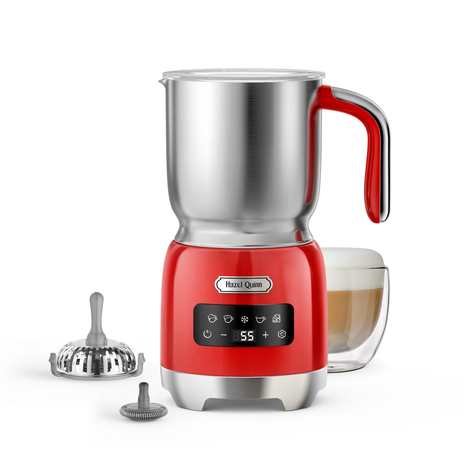 کف شیر ساز Hazel Quinn، بخارساز و بخارپز سرد و گرم، عملکرد 5 در 1، دما و ضخامت قابل تنظیم، کنترل لمسی LED، قابل شستشو در ماشین ظرفشویی، قرمز