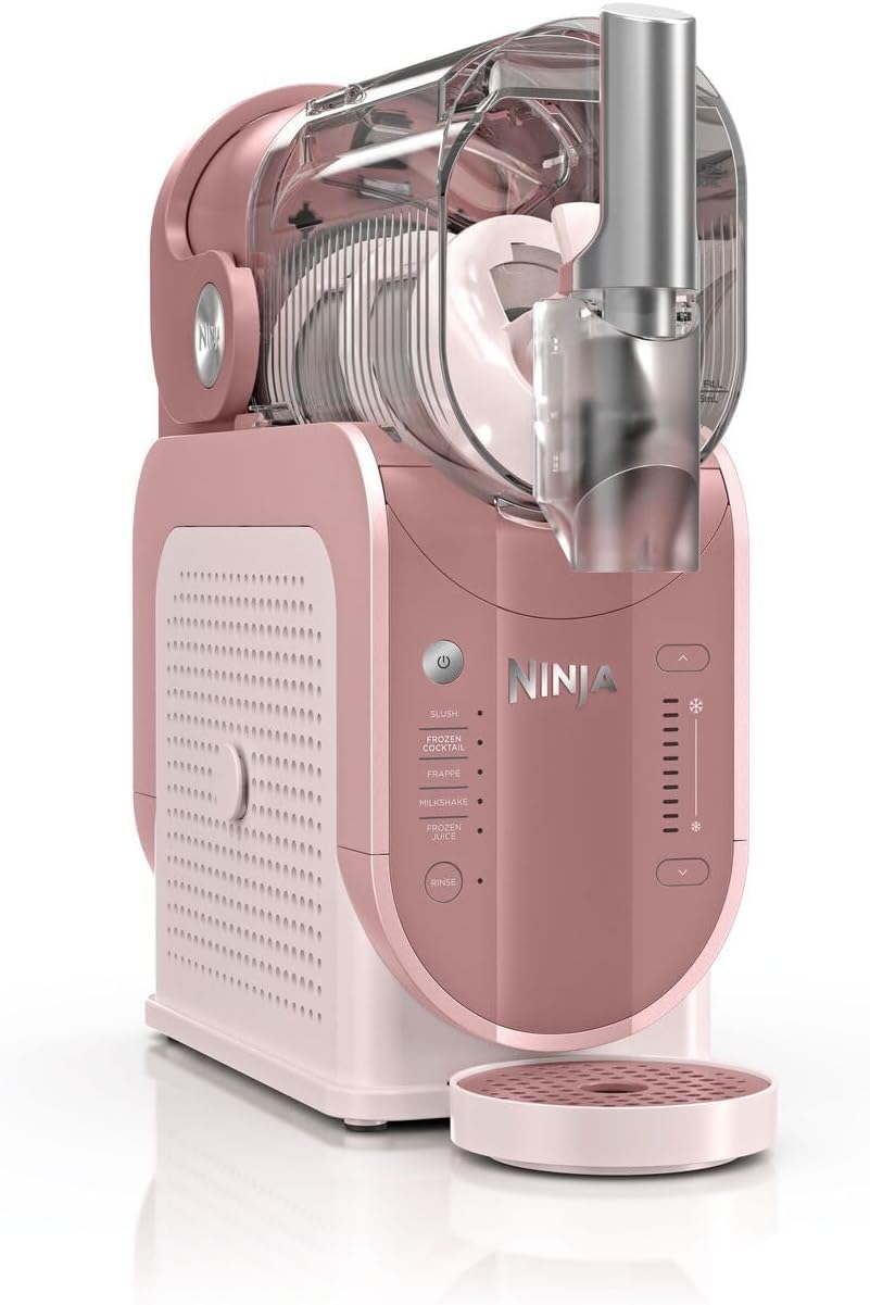 دستگاه نینجا SLUSHi برای تهیه‌ی اسلاش، کوکتل یخی، فراپه، میلک‌شیک و آبمیوه‌های یخ‌زده، بدون نیاز به یخ یا آماده‌سازی، مجهز به فناوری WhisperChill، گنجایش ۱.۹ لیتر، صورتی، FS301EUPK