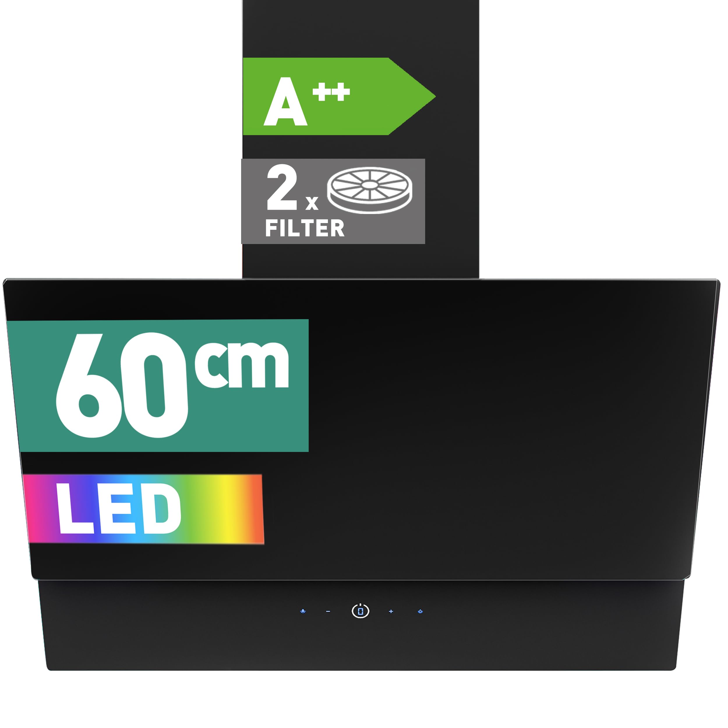 هود استخراج HEINRICHS، هود تخلیه/گردش هوای ۶۰ سانتی‌متری، قدرت مکش ۵۶۰ متر مکعب در ساعت، با روشنایی محیطی LED، کم‌جا، ۳ حالت سرعت، شامل فیلتر کربن فعال، توان ۷۵ وات، مشکی