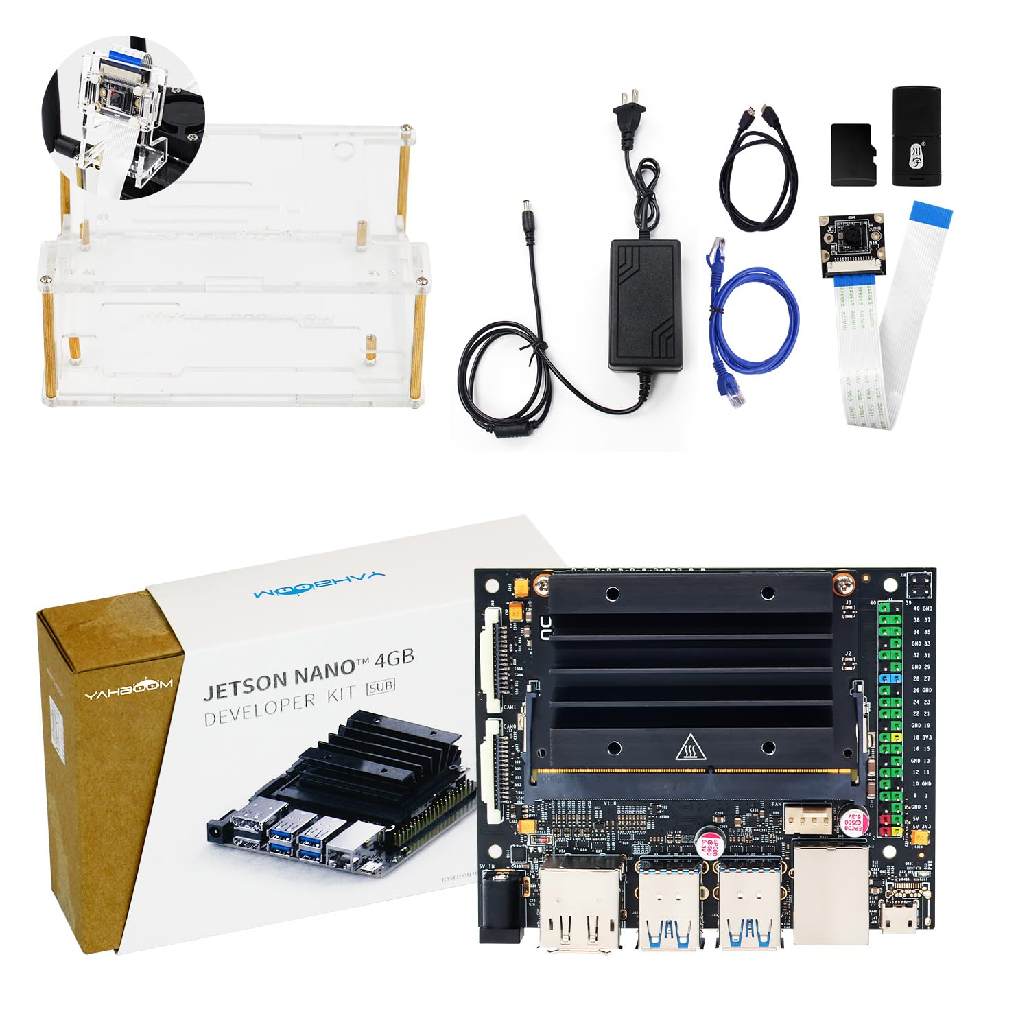 Yahboom Jetson Nano 4 گیگابایت رم IMX219 دوربین 77 درجه اکریلیک (میت فن) + آداپتور برق 64 گیگابایت کارت TF 16 گیگابایت حافظه eMMC برنامه نویسی اوبونتو را فراهم می کند