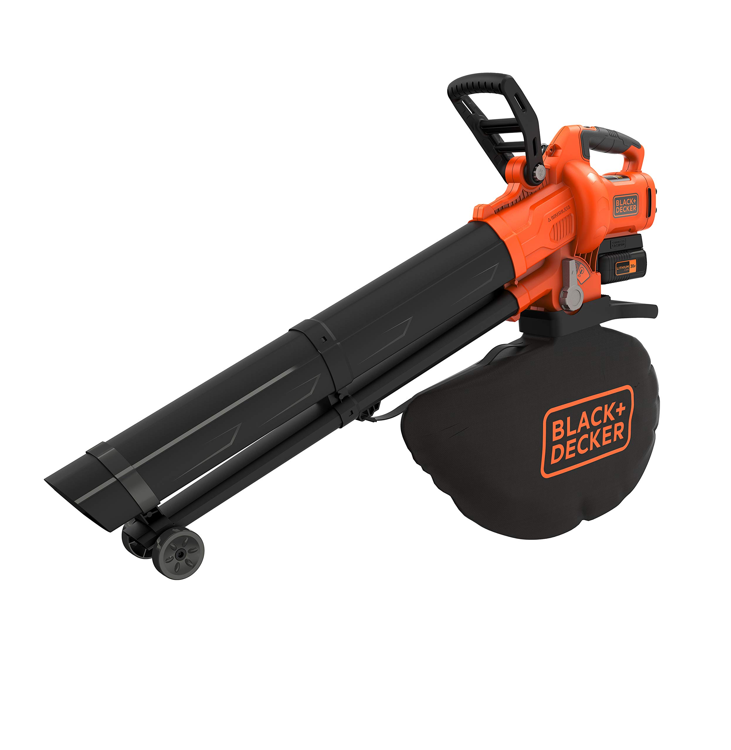 دمنده برگ شارژی BLACK+DECKER با خردکن BCBLV3625L1 (کیسه جمع آوری 45 لیتری، موتور براشلس، سرعت هوا 210 کیلومتر در ساعت و قدرت مکش بالا – 36 ولت، شامل باتری و شارژر)