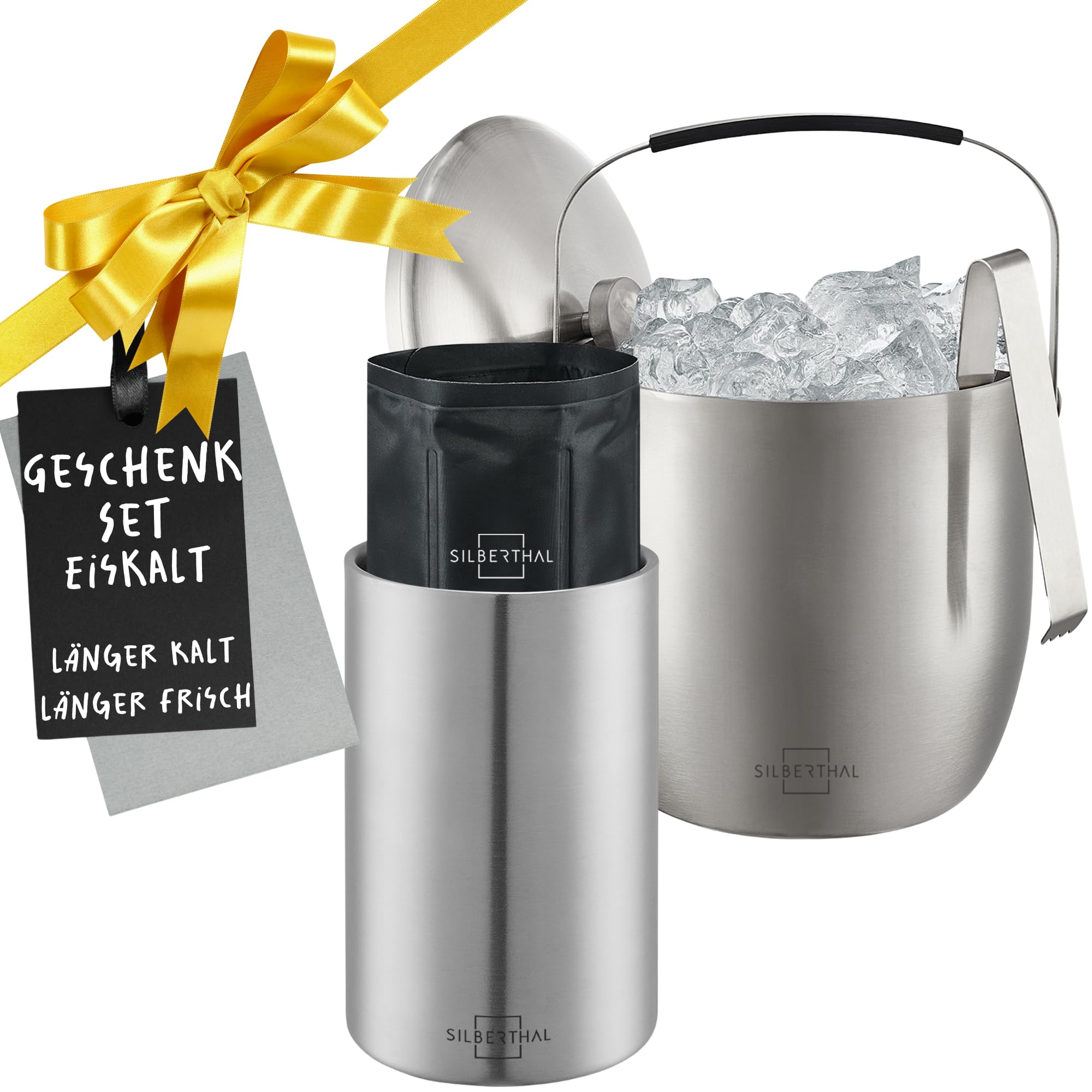 یخدان و سطل یخ سیلبرتال آلمان استیل ضد زنگ SILBERTHAL 3 لیتری با درب و انبر - مجموعه یخدان بطری - با 2 بسته خنک کننده - لوازم جانبی شراب کاربردی و لوازم جانبی بار