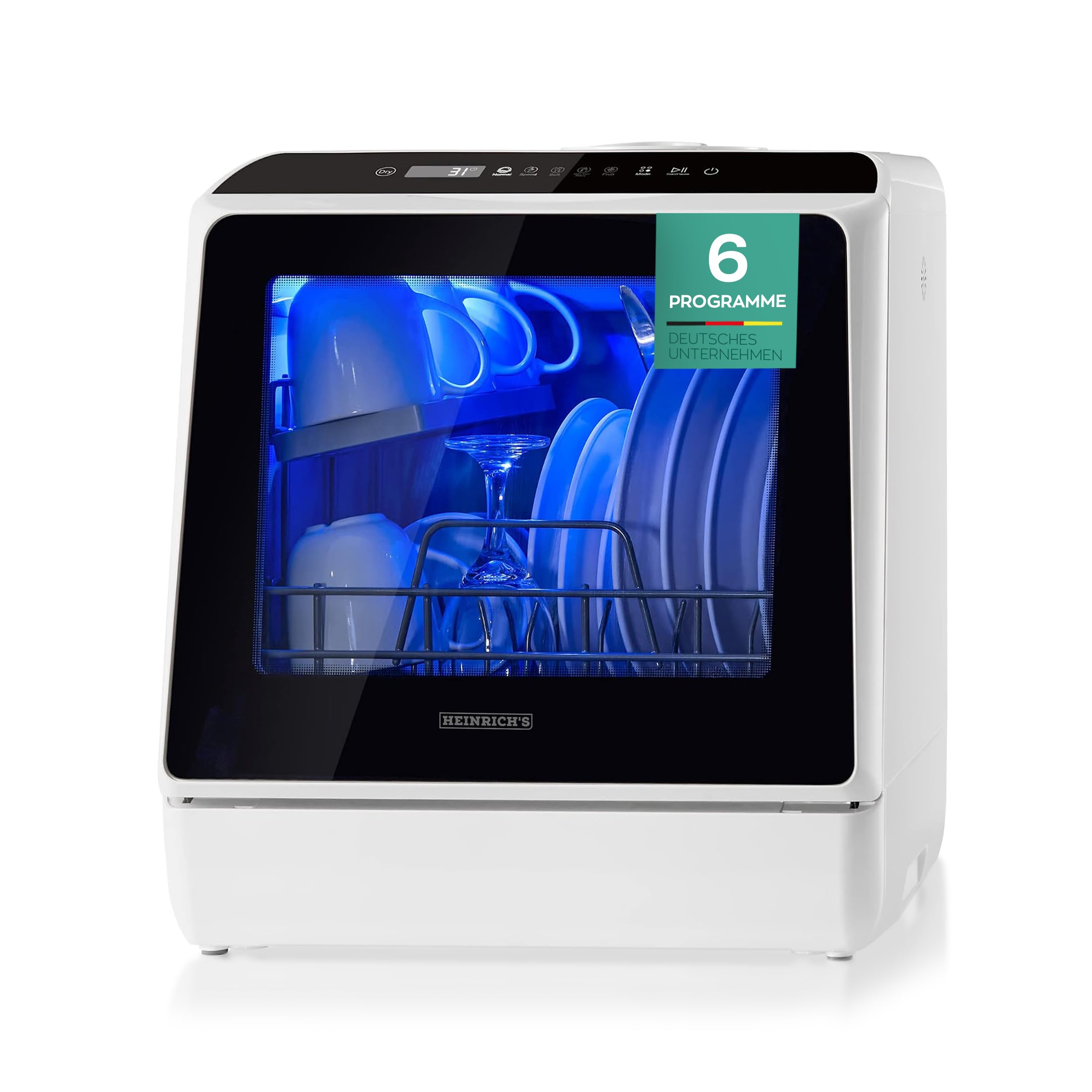 ماشین ظرفشویی رومیزی هاینریش آلمان Heinrichs ‎HTG 8841.1 مخزن آب ۵ لیتری، قابل استفاده با یا بدون اتصال آب، کوچک و ایستاده برای دفتر، کمپینگ/خانه سیار، ۶ برنامه، کلاس بهره‌وری انرژی F