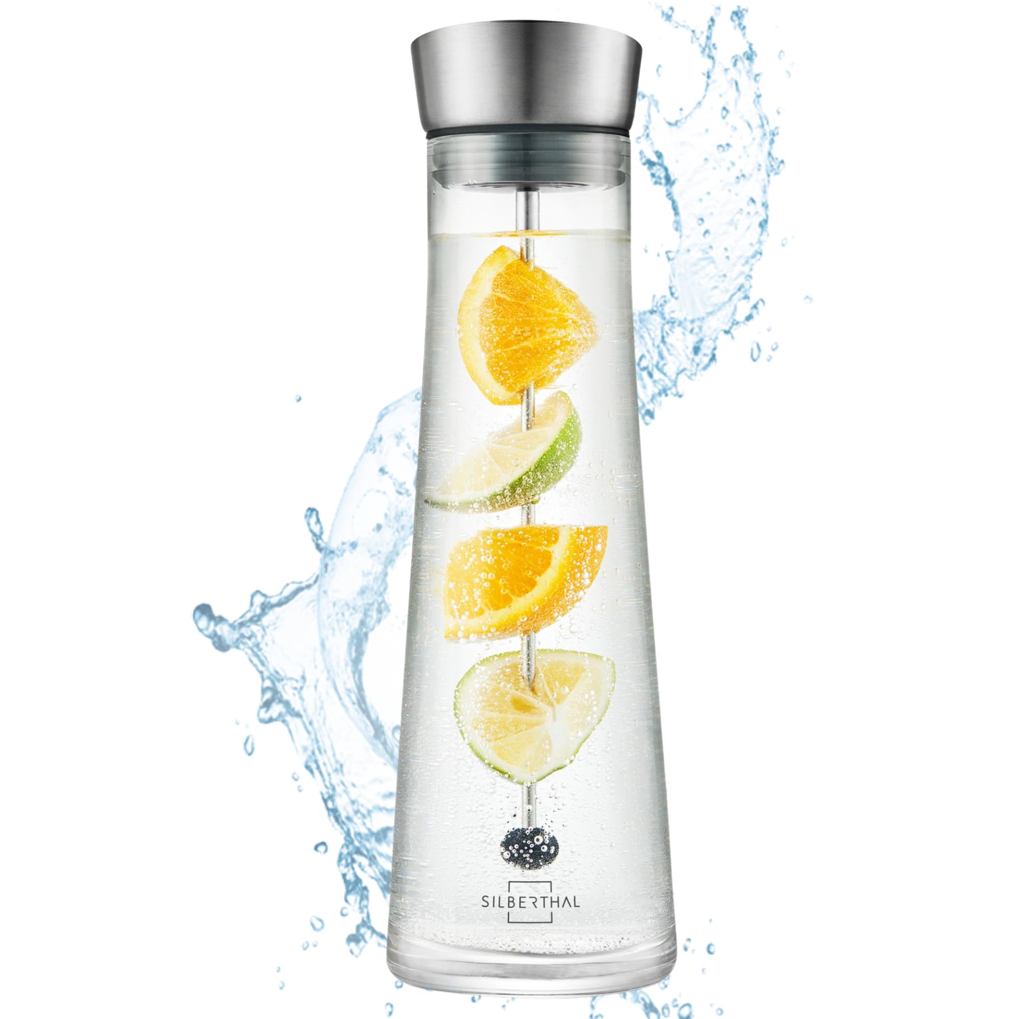 قوری شیشه‌ای سیلبرتال آلمان با درب و دم‌کن میوه - درب استیل ضد زنگ با شیب باز می‌شود - قوری آب با دم‌کن میوه، شفاف، ۱ لیتر، باریک