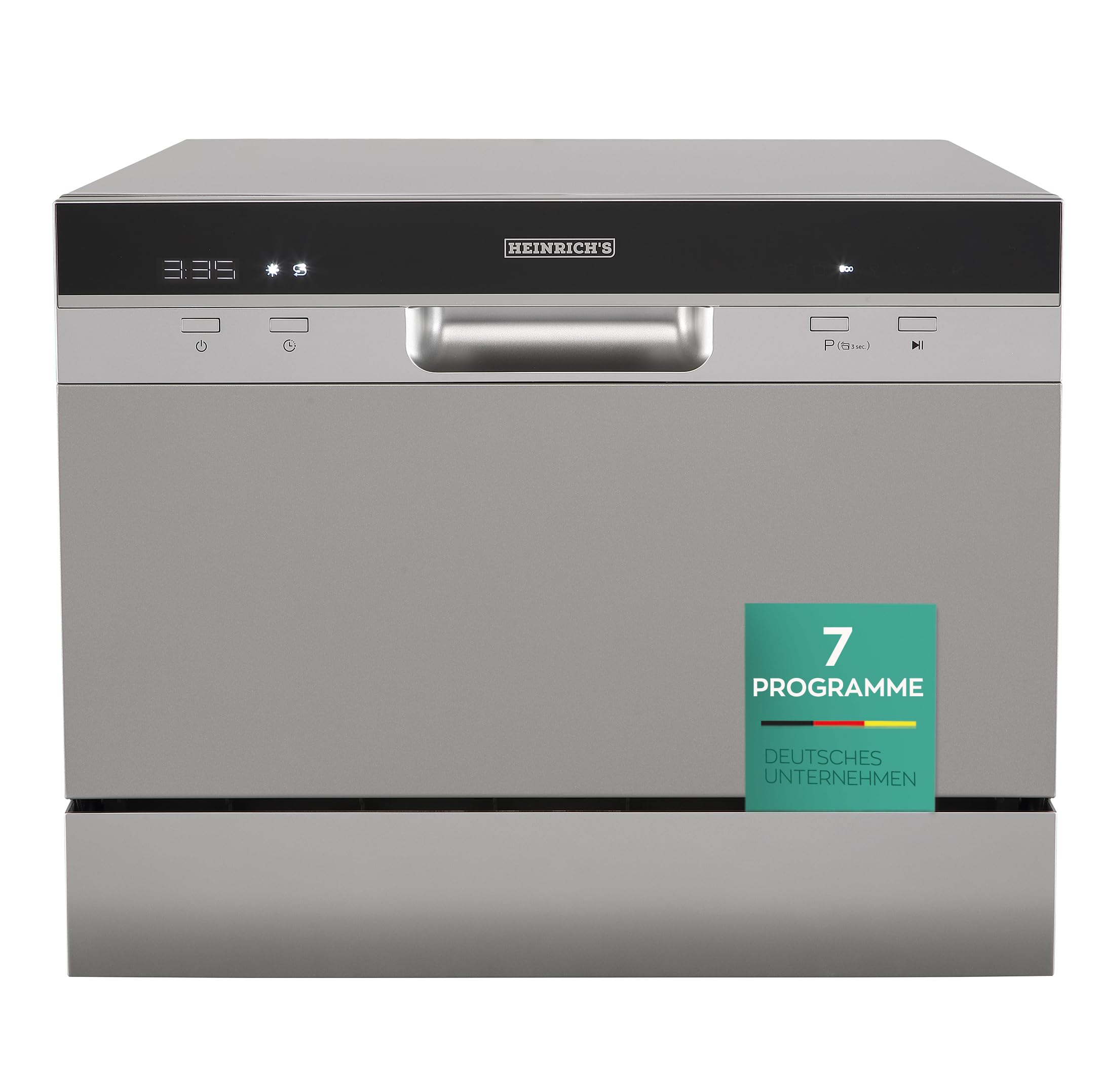 ماشین ظرفشویی کوچک قابل حمل هاینریش آلمان HEINRICHS، ماشین ظرفشویی رومیزی با مصرف آب 6.5 لیتر، قابل استفاده با اتصال آب، کوچک و ایستاده برای دفتر، کمپینگ/خانه سیار، 7 برنامه، 1380 وات نقره‌ای