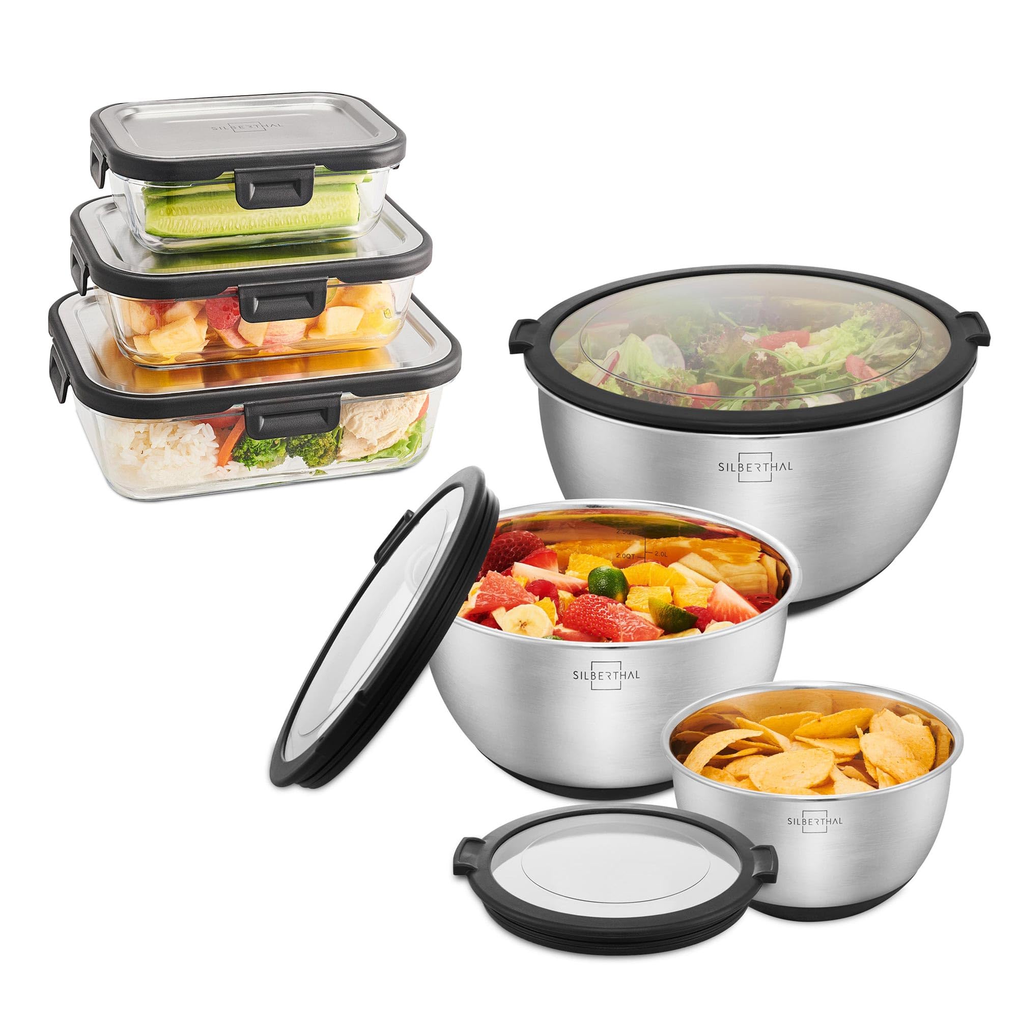 کاسه استیل ضد زنگ سیلبرتال آلمان با درب و ظروف نگهداری مواد غذایی شیشه‌ای - مجموعه آماده‌سازی غذا برای استفاده در سفر و خانه