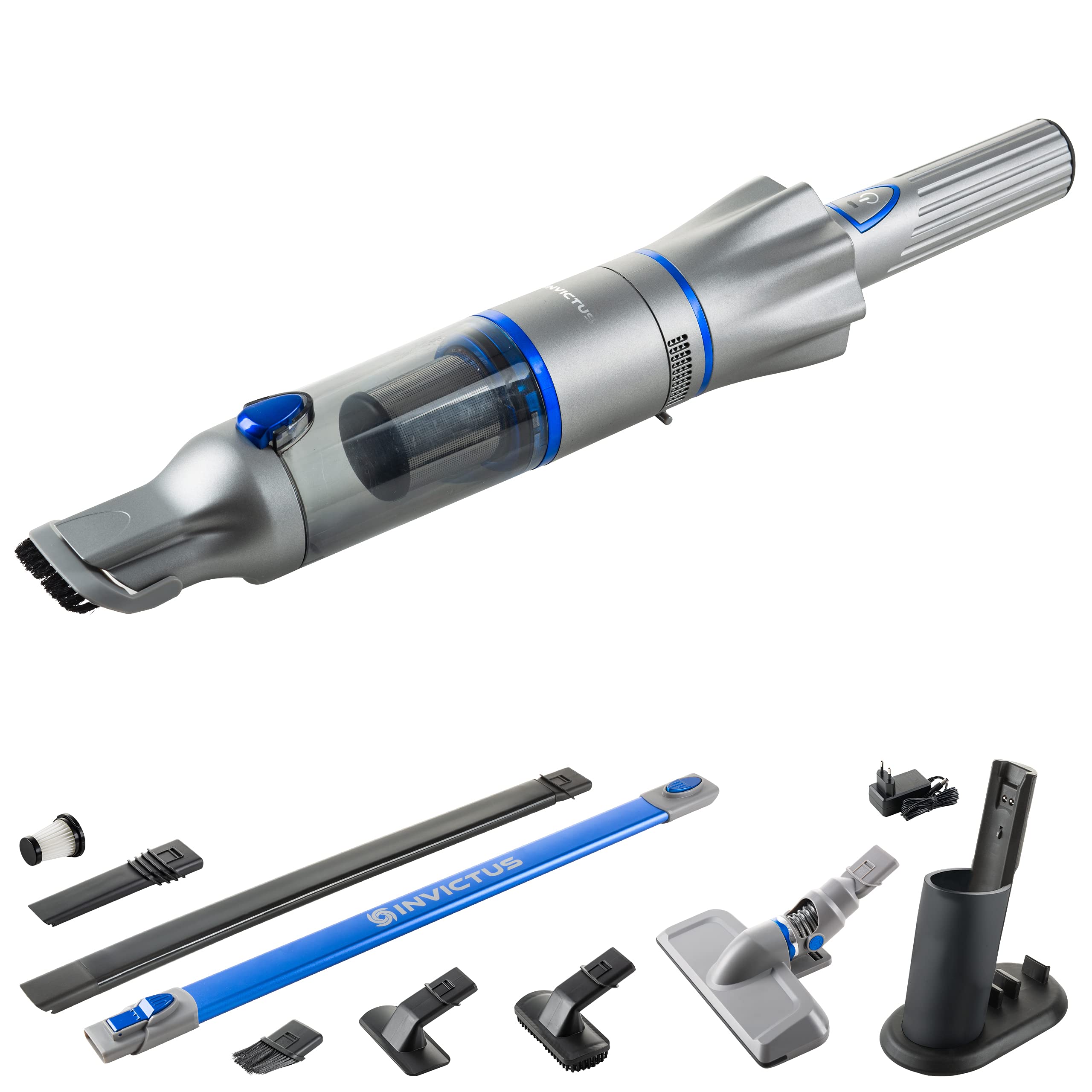 جاروبرقی دستی Genius A82123، Invictus One 2.0 + جاروبرقی کف جاروبرقی دستی 15 تکه آبی بدون کیسه و شارژی با 13000PA | 2 عدد فیلتر HEPA، باتری لیتیوم یون، مجموعه برس اضافی، 90 وات