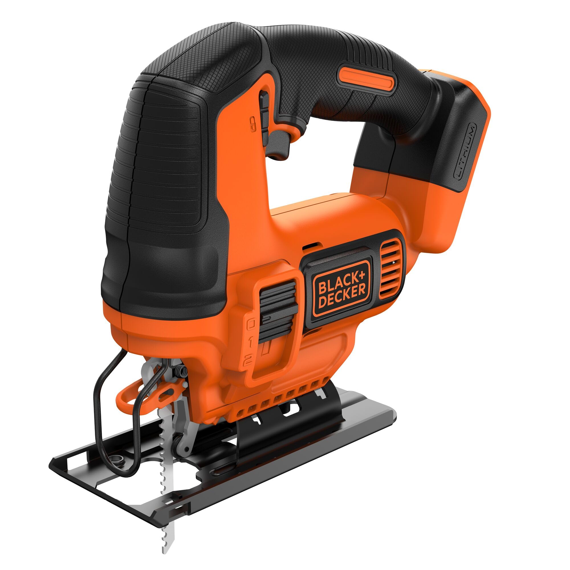 اره منبت کاری اره مویی شارژی BLACK+DECKER (18 ولت، طول حرکت 19 میلی متر، عمق برش 55 میلی متر، عملکرد ضربه اره، محافظ ایمنی، سوئیچ الکترونیکی، شامل تیغه اره چوب، بدون باتری و شارژر) BDCJS18N