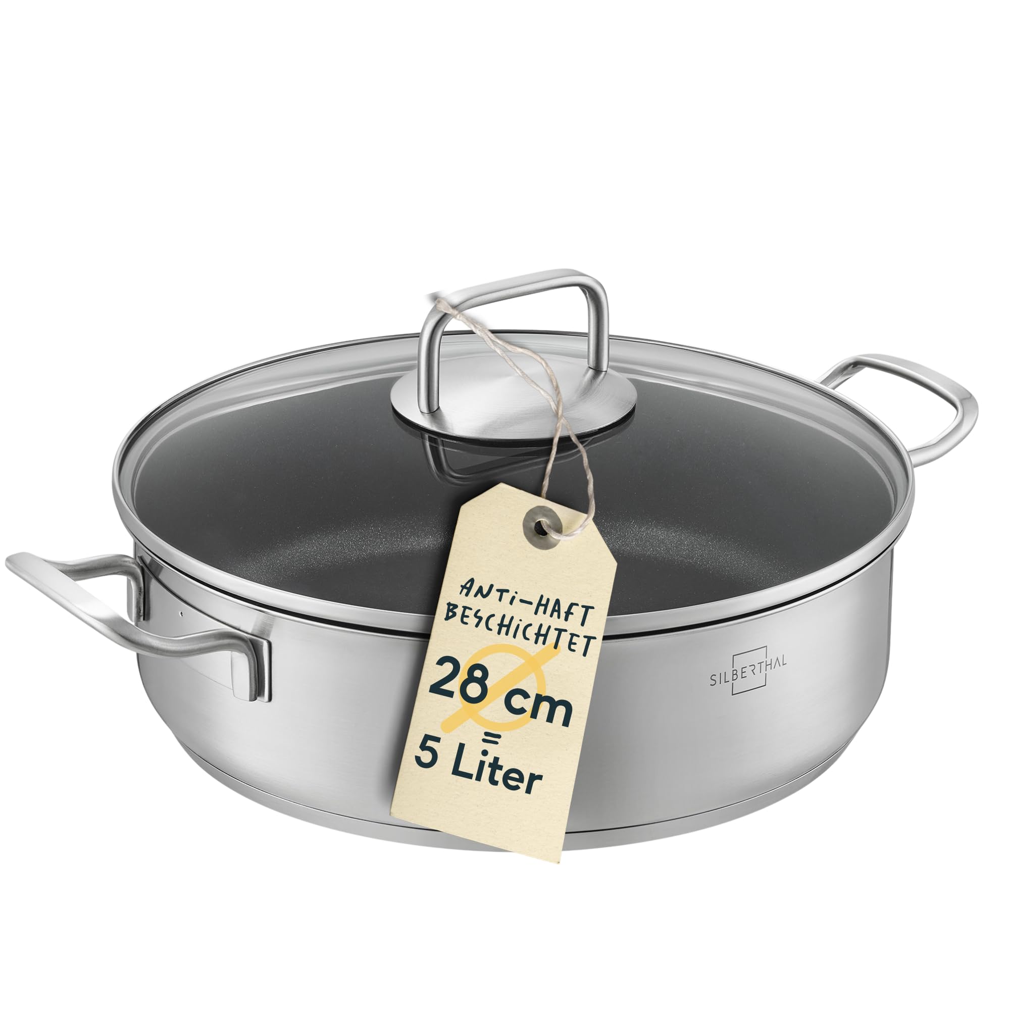 ماهیتابه سیلبرتال آلمان لبه بلند 28 سانتی‌متر - ماهیتابه روکش‌دار با درب - مناسب برای فر تا دمای 250 درجه سانتی‌گراد - سازگار با القایی - 5 لیتر، 28 سانتی‌متر، روکش‌دار