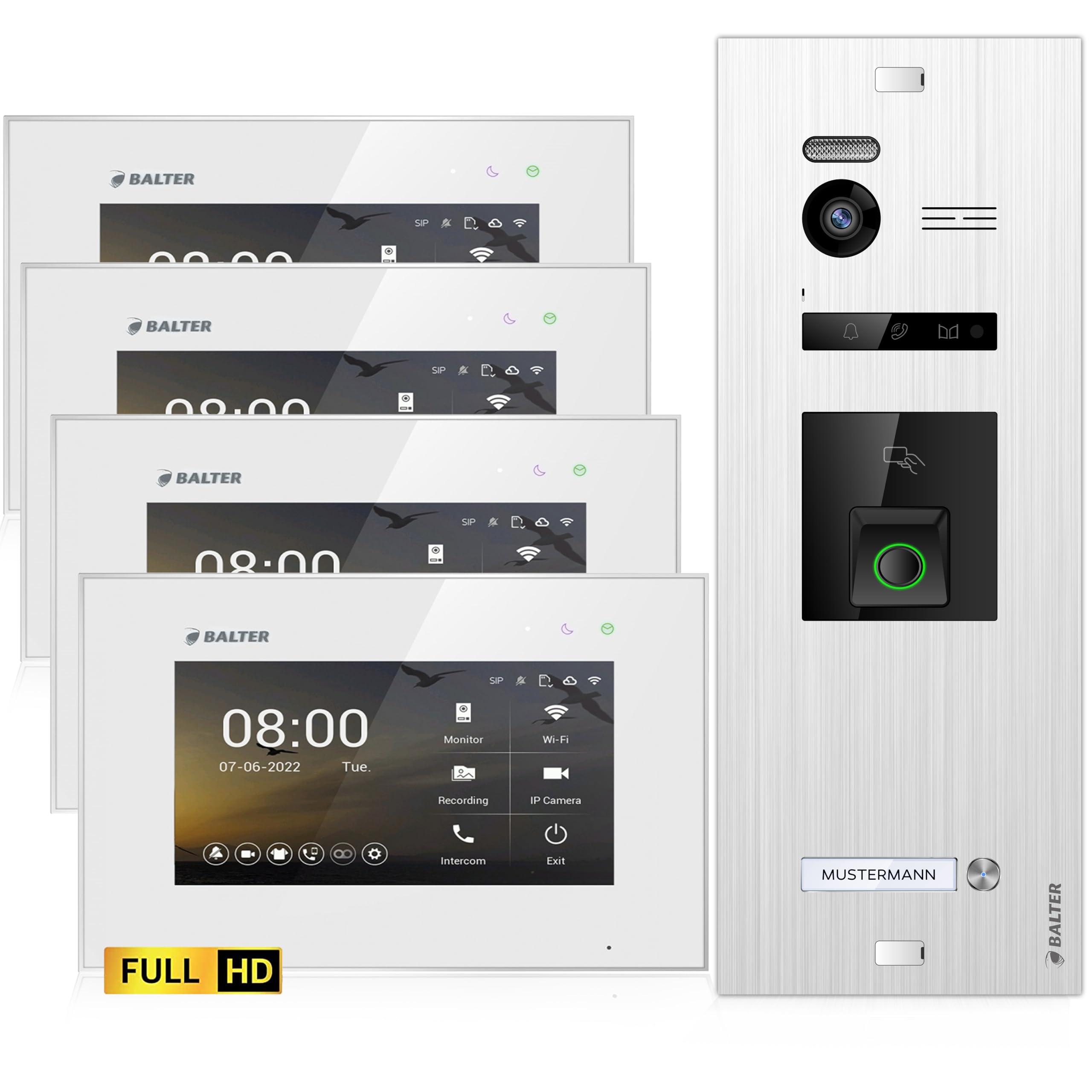 اینترکام درب تصویری Balter EVO-HD با حسگر اثر انگشت، زنگ ویدیویی، خانه تک‌خانواده، مانیتور 4×7 اینچی، زنگ در با دوربین Full HD، اتوبوس 2 سیم، زاویه عریض 175 درجه، RFID، 1080P
