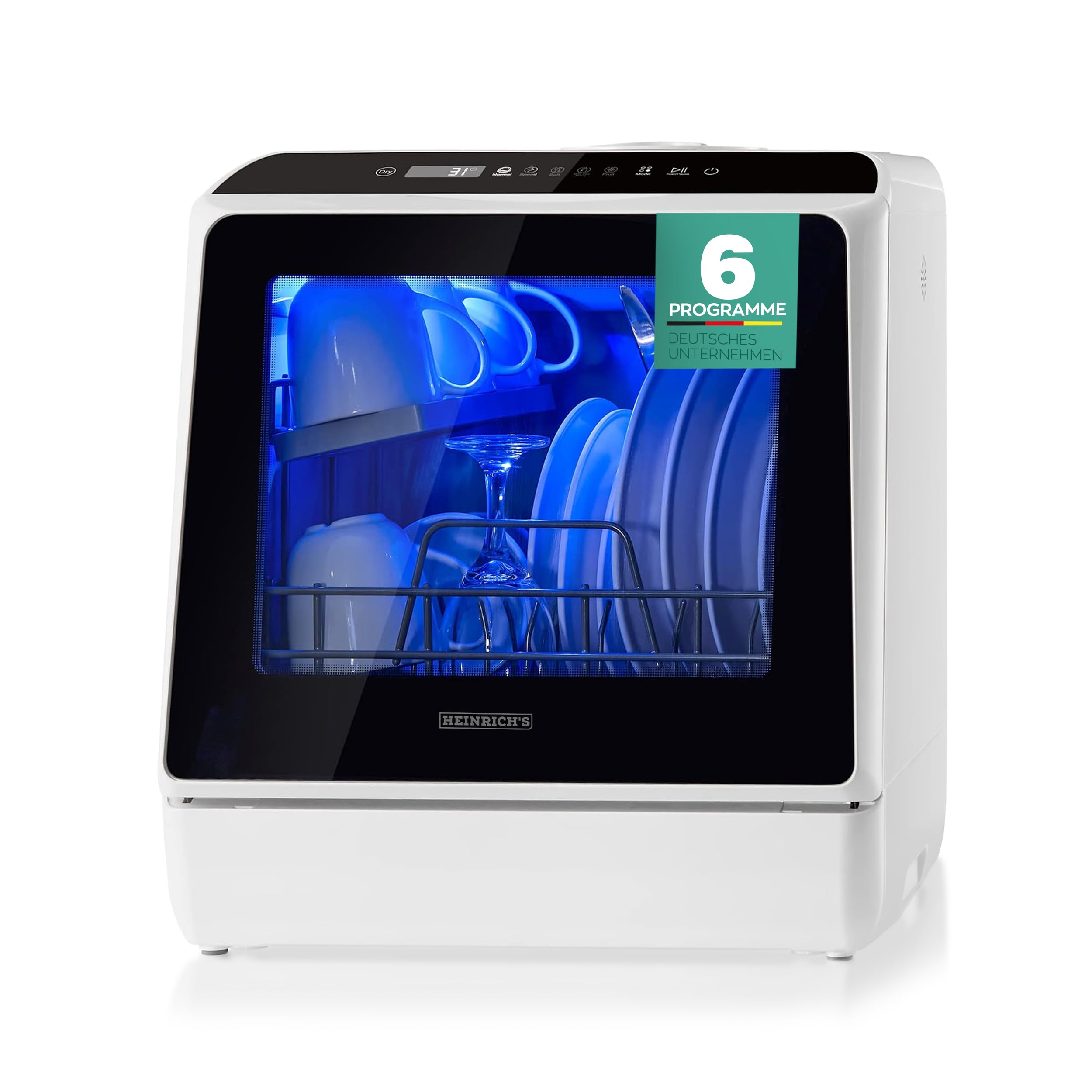 ماشین ظرفشویی کوچک قابل حمل هاینریش آلمان رومیزی با مخزن آب ۵ لیتری، قابل استفاده با یا بدون اتصال آب، کوچک و ایستاده برای دفتر، کمپینگ/خانه سیار، ۶ برنامه، ۹۵۰ وات، کلاس راندمان انرژی D