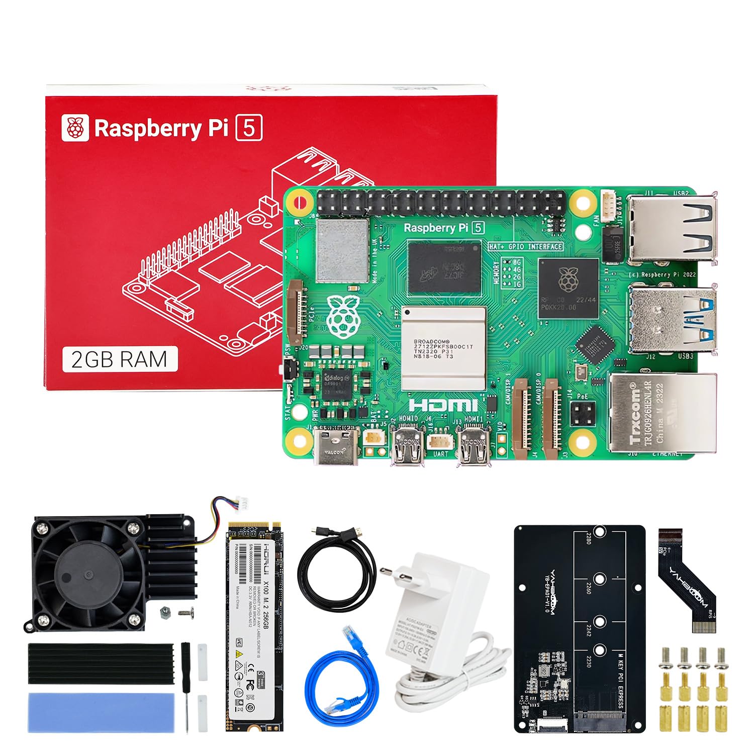 Yahboom Raspberry Pi5 Developer Kit 2GB + PD Power Adapter+Pi 5 Case Active Cooling+PCIe M.2 SSD+256G SSD ROS2 System Ubuntu20.04 مناسب برای برنامه نویسی AI Python (2GB-PCIe M.2 SSD Kit)