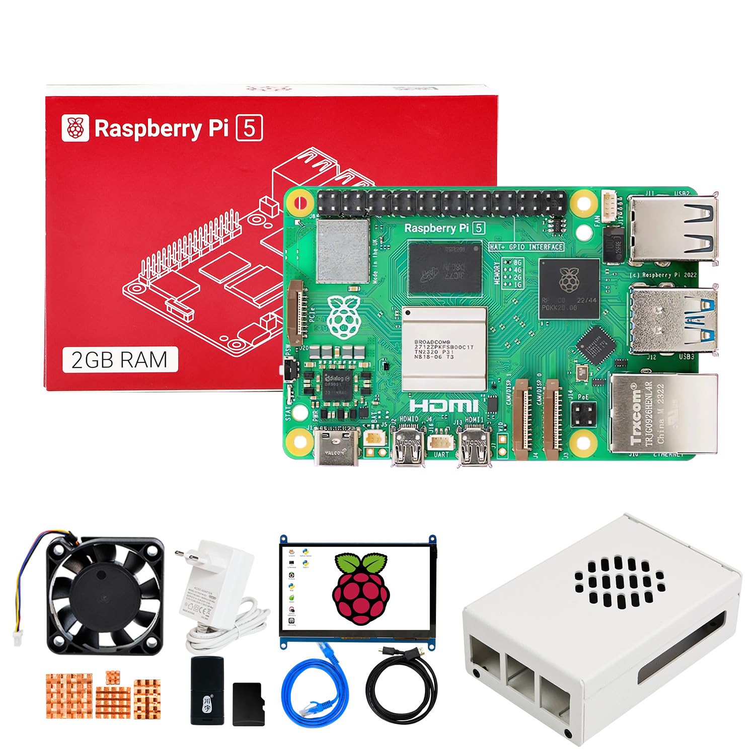 کیت توسعه دهنده Yahboom Raspberry Pi 5 2 گیگابایت + صفحه نمایش 7 اینچی IPS HD، کیس (با فن) + آداپتور برق PD، Heat Sink Ubuntu20.04 ROS2 برای Robot AI (2GB-7 در کیت صفحه نمایش)