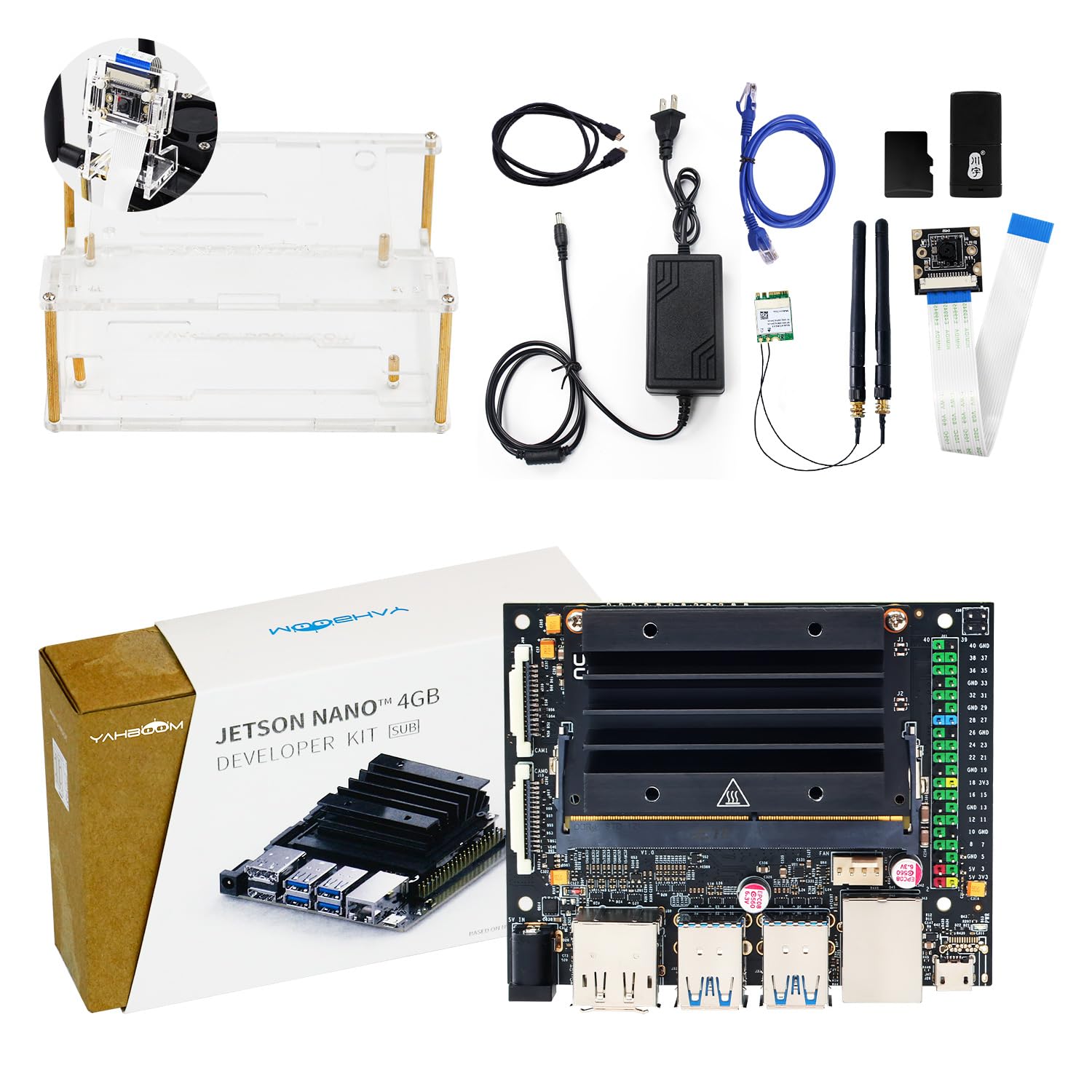 برد توسعه 4 گیگابایتی یاهبوم جتسون نانو + دوربین IMX219 + قاب اکریلیک (با فن) + آداپتور برق + کابل HDMI + کارت شبکه M.2 + کارت شبکه 64 گیگابایتی + 16 گیگابایت eMMC برای کیت ربات هوش مصنوعی (کیت پیشرفته WiFi)