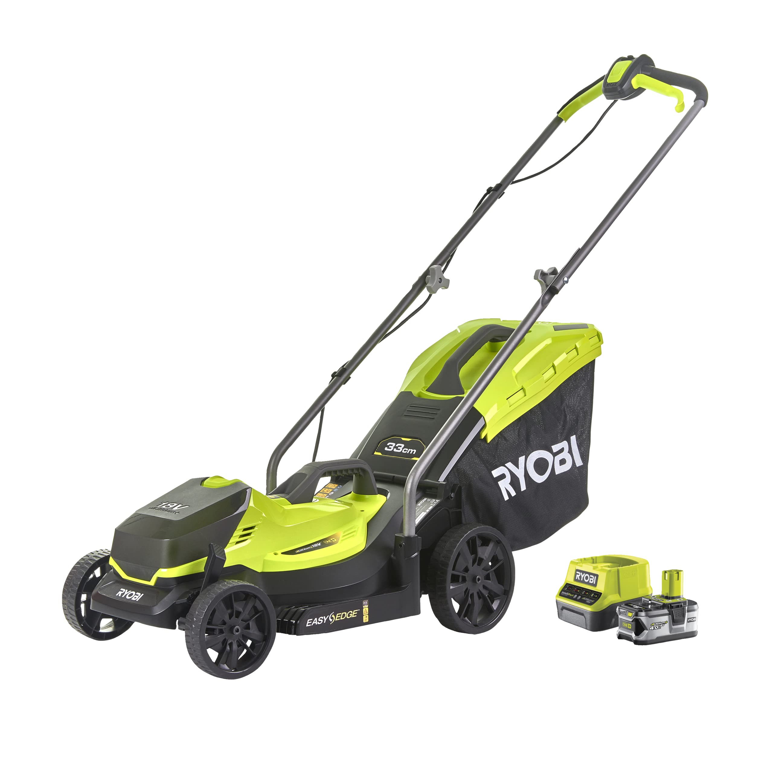 چمن زن شارژی ریوبی ژاپن RYOBI 18 V ONE+ RLM18X33B40 (عرض برش 33 سانتی متر، تنظیم ارتفاع 5 جهته 25-65 میلی متر، دسته تاشو، شامل گوه مالچ، کیسه علف گیر 35 لیتری، باتری و شارژر 4.0Ah)