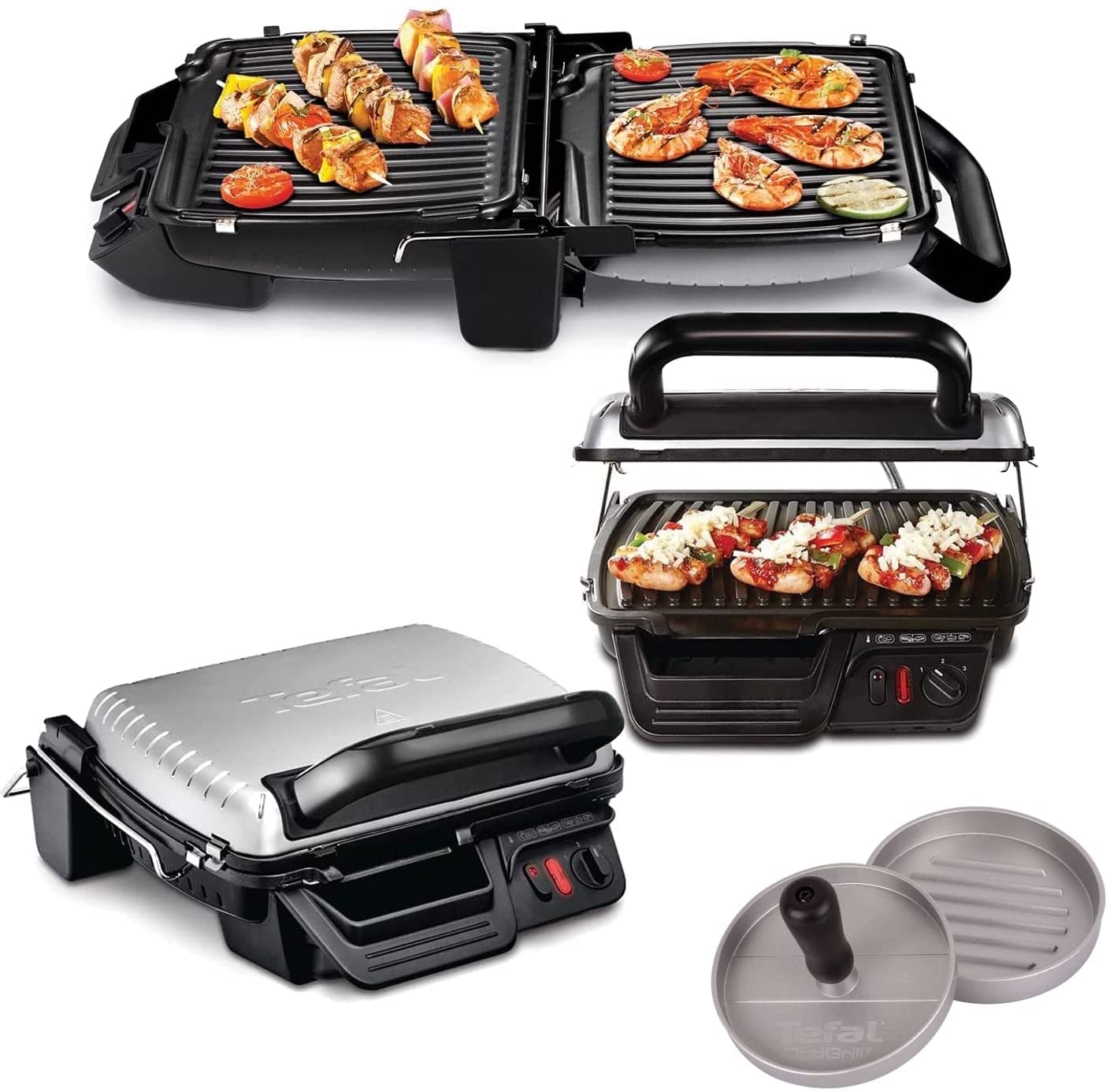 گریل برقی تفال 3 در 1 با قابلیت overbake و رومیزی گریل/BBQ تاشو سطح گریل دوبل + پرس همبرگر Optigrill، صفحات گریل نچسب 2000 وات، گریل کنتاکت نقره ای با پرس همبرگر