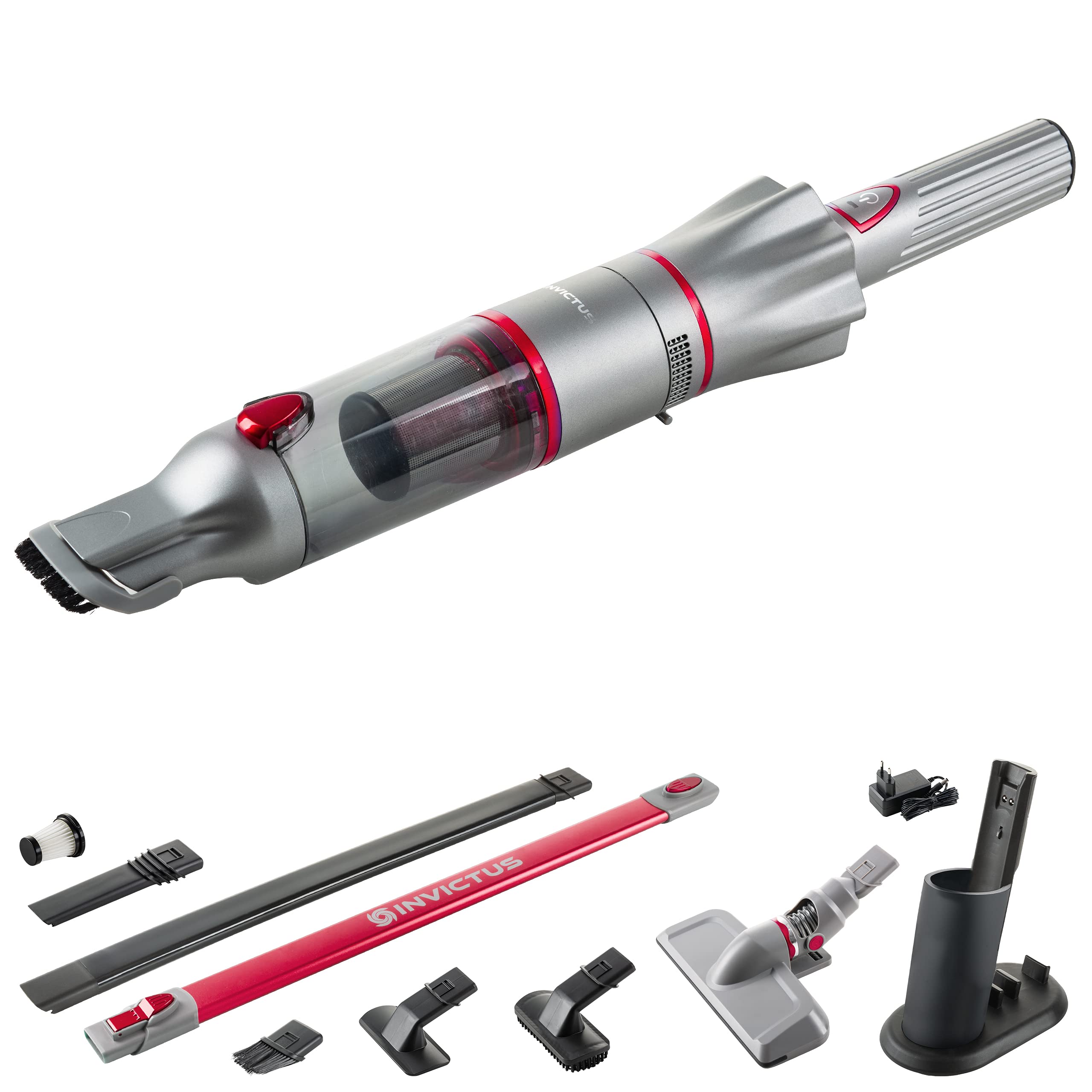 جاروبرقی دستی Genius A82124، Invictus One 2.0 + جاروبرقی کف جاروبرقی 15 تکه قرمز دستی بدون کیسه و شارژی با 13000PA | 2 عدد فیلتر HEPA، باتری لیتیوم یون، مجموعه برس اضافی، 90 وات، 76 دسی بل