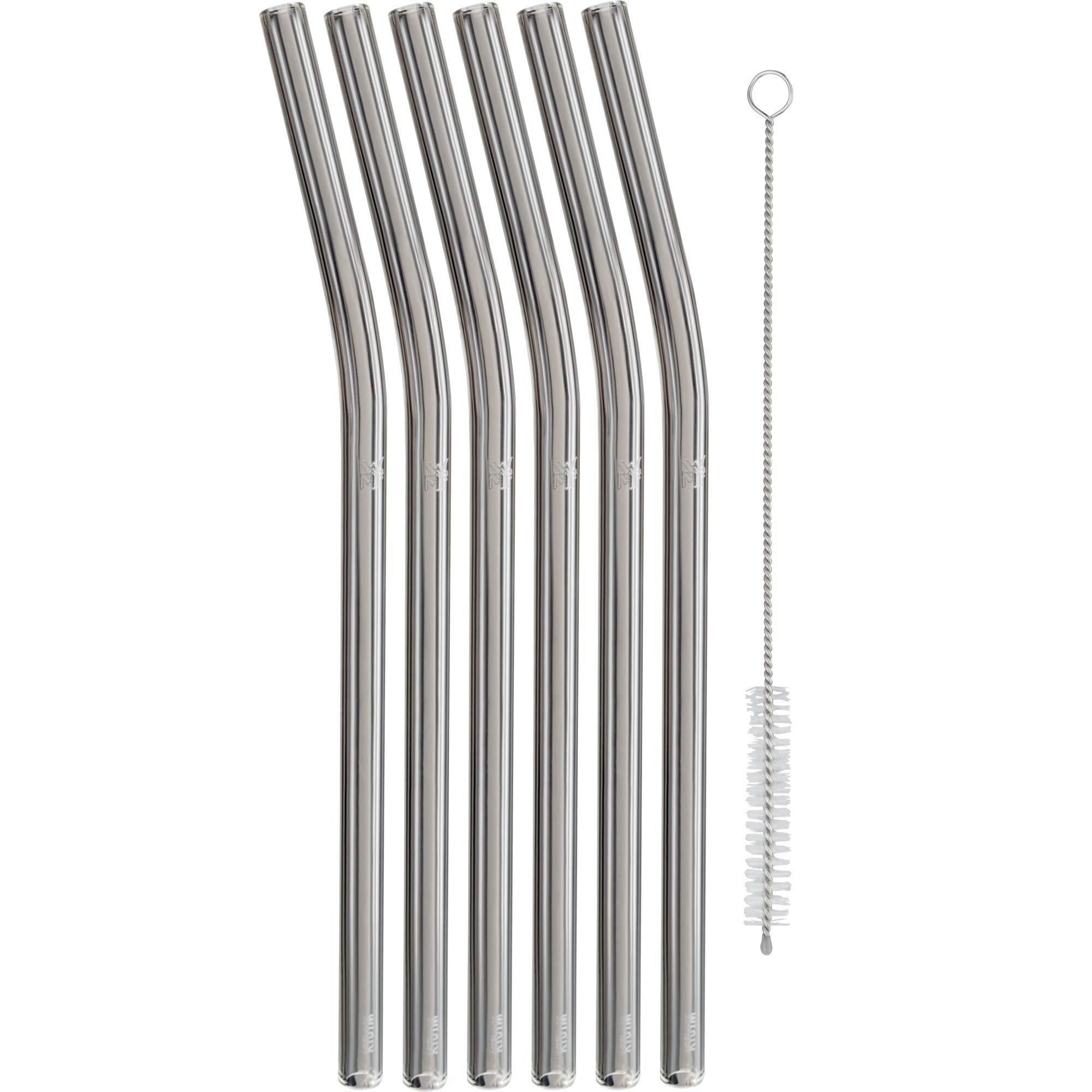 ست نی شیشه‌ای باریک وی ام اف آلمان WMF، 7 عددی، 6 نی خمیده با برس تمیزکننده، سازگار با محیط زیست، نی‌های قابل استفاده مجدد، برای نوشیدنی‌های گرم/سرد