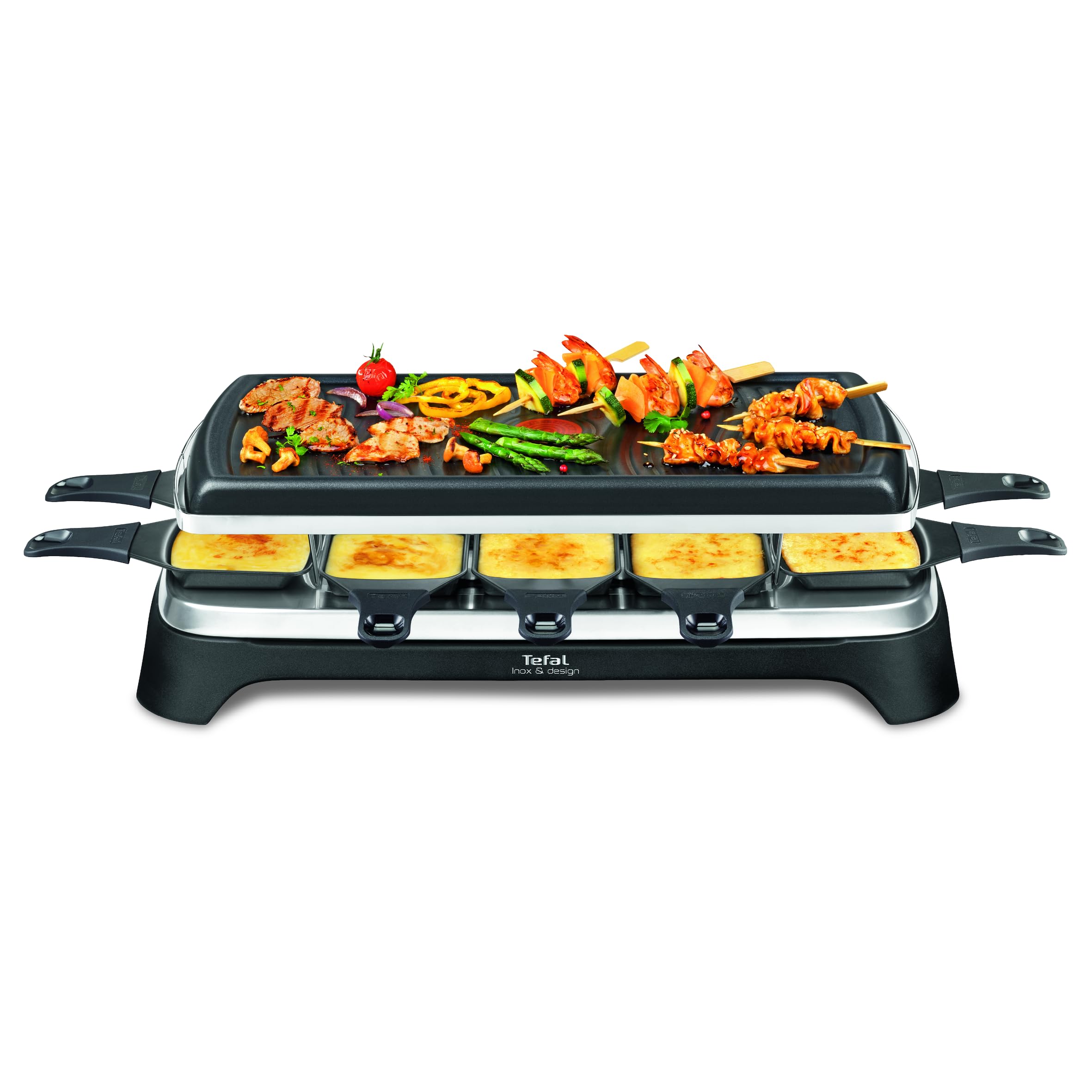 گریل کباب پز تفال Tefal Raclette Ambiance RE4588 | برای 10 نفر، از جمله عملکرد گریل رومیزی | صفحه گریل روکش نچسب + قابل شستشو در ماشین ظرفشویی | کابل جداشدنی 2 متری | مشکی/استیل ضد زنگ | 1350 وات